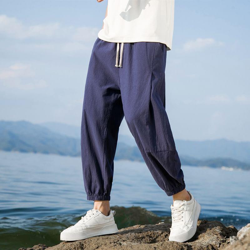 Drawstring Waist Plain Crop Harem Pants Product Image