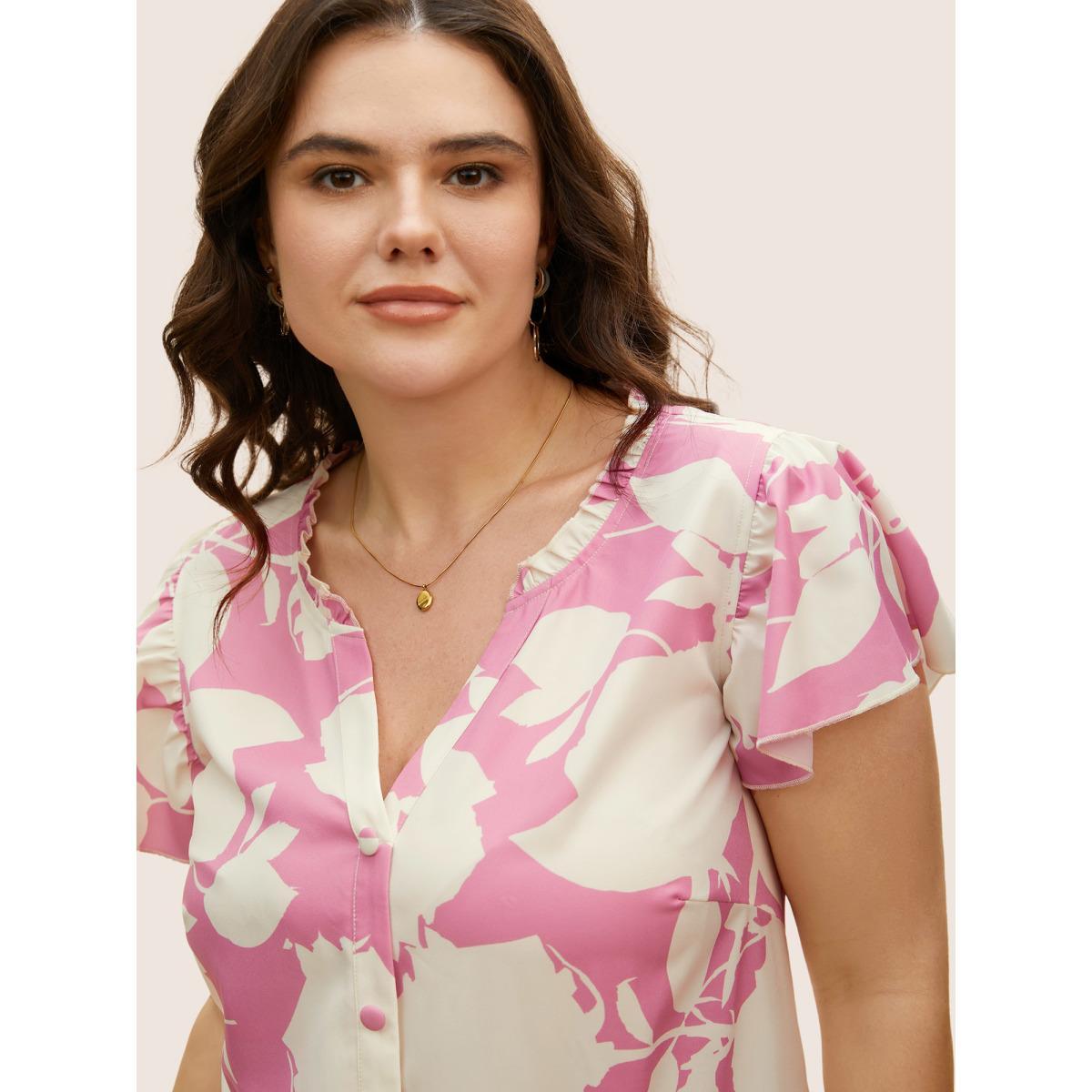 Plus Size Beanpastepowder Silhouette Floral Print Button Detail Blouse Women Elegant Cap Sleeve V-neck Everyday Blouses BloomChic 14-16/1X Product Image