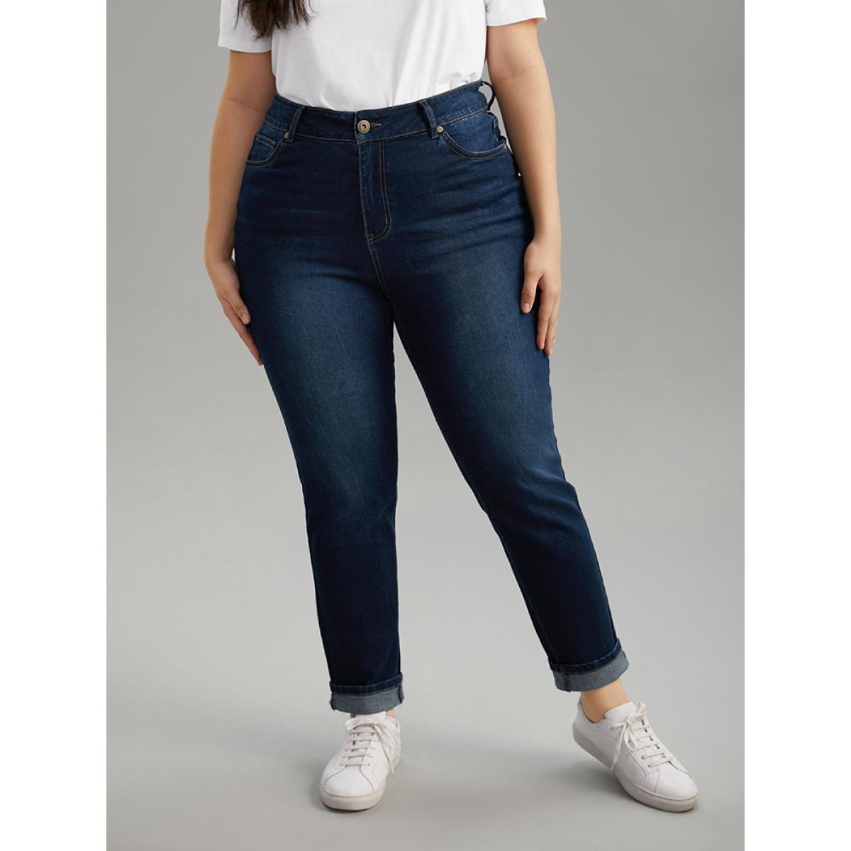 Plus Size Cutoff Roll Hem Full Length Jeans Women DarkBlue Casual Plain Plain High stretch Pocket Jeans BloomChic 16/1X Product Image