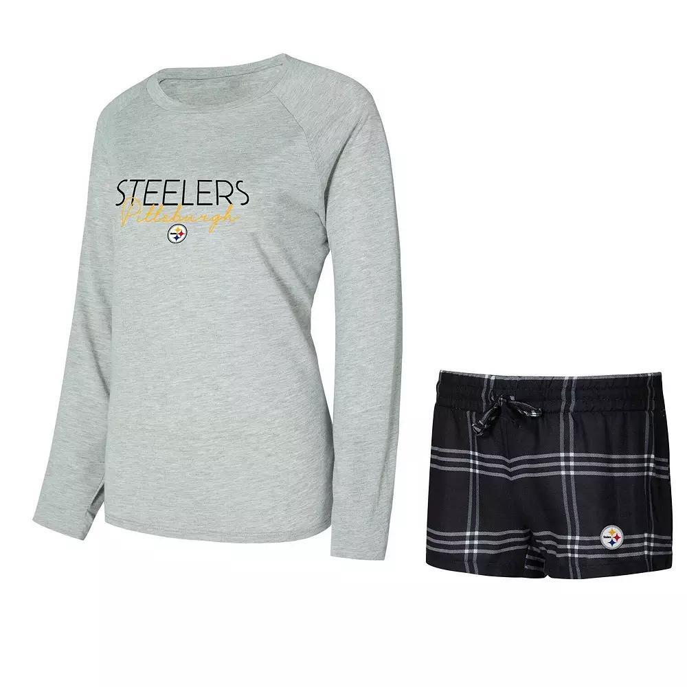 Women's Concepts Sport Black/Gray Pittsburgh Steelers Petition Raglan Long Sleeve T-Shirt and Shorts Set, Size: Medium Product Image