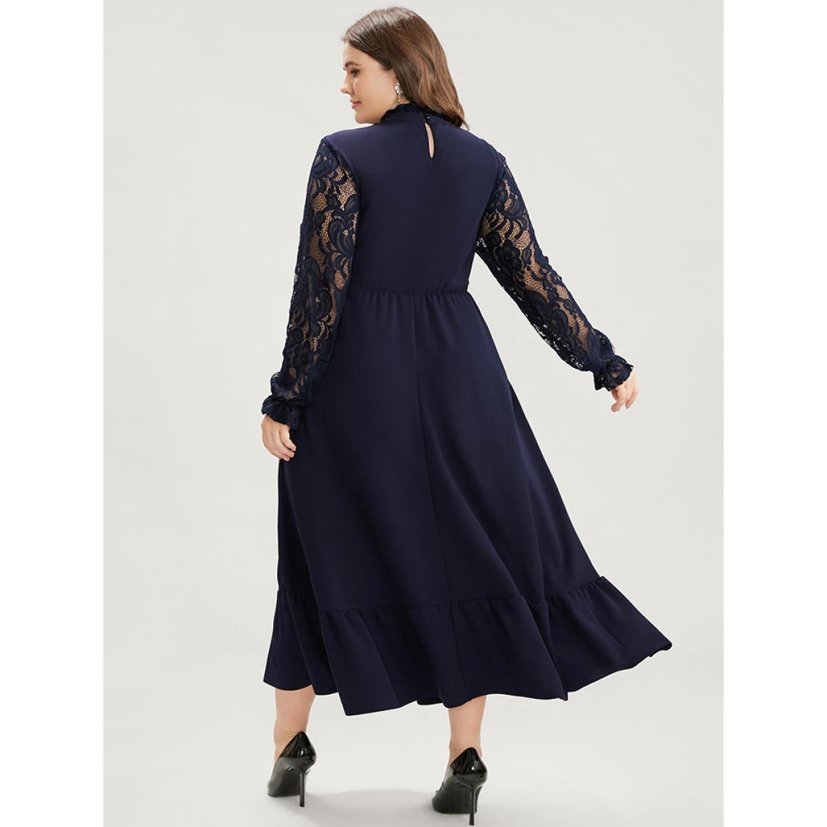 Plus Size Solid Contrast Lace Pocket Mock Neck Flutter Dress Without Belt Navy Women Glamour Patchwork Mock Neck Long Sleeve Curvy Midi Dress BloomChic 30/6X Product Image
