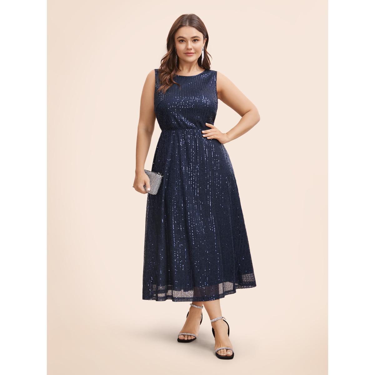 Plus Size Round Neck Sequin Mesh Tank Dress Midnight Women Cocktail Texture Round Neck Sleeveless Curvy BloomChic 26/4X Product Image