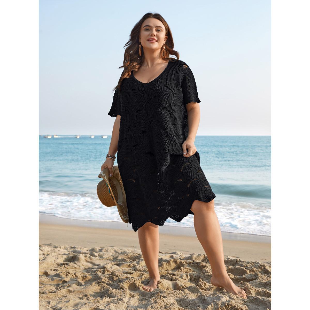 Plus Size Cut-Out Solid V-Neck Swimsuit Coverup Women's Swimwear Black Beach Loose Texture Curve Swim Cover Ups BloomChic 26/4X Product Image