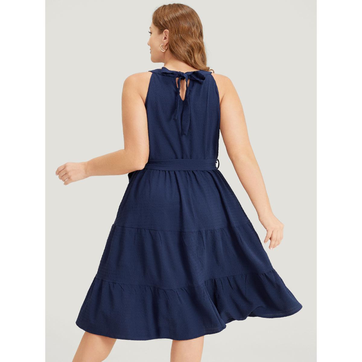 Plus Size Solid Knot Halter Pocket Belted Ruffles Tiered Hem Dress Indigo Women Elegant Gathered Halter neck Sleeveless Curvy Knee Dress BloomChic 18-20/2X Product Image