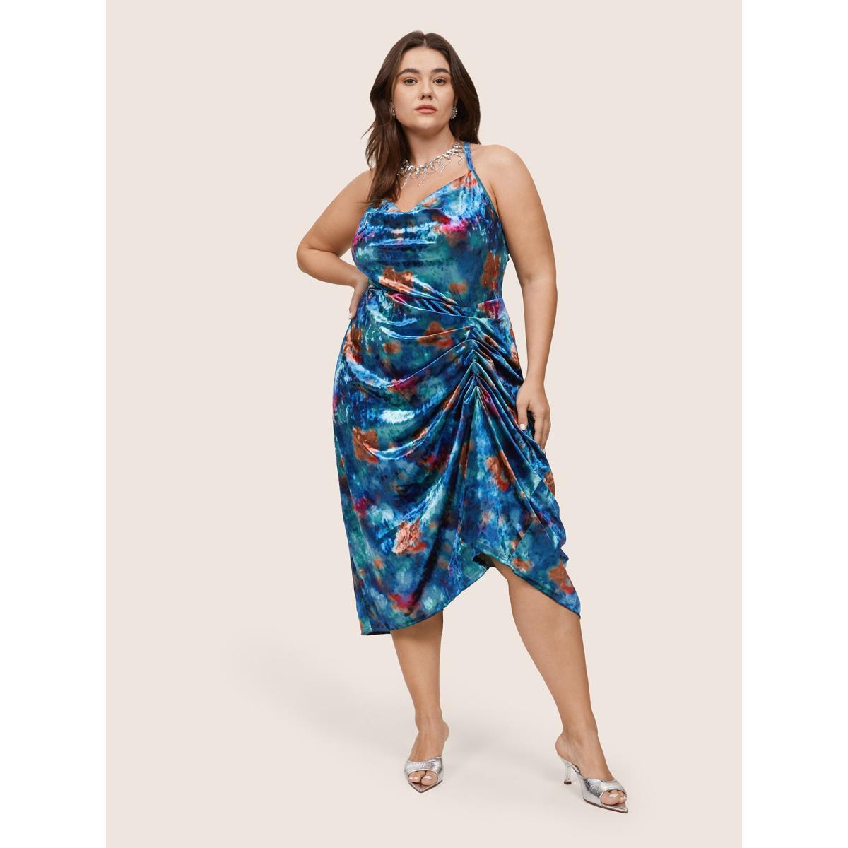 Plus Size Colored Floral Velvet Cowl Neck Ruched Cami Dress Teal Women Party Velvet Cowl Neck Sleeveless Curvy Midi Dress BloomChic 10/M Product Image