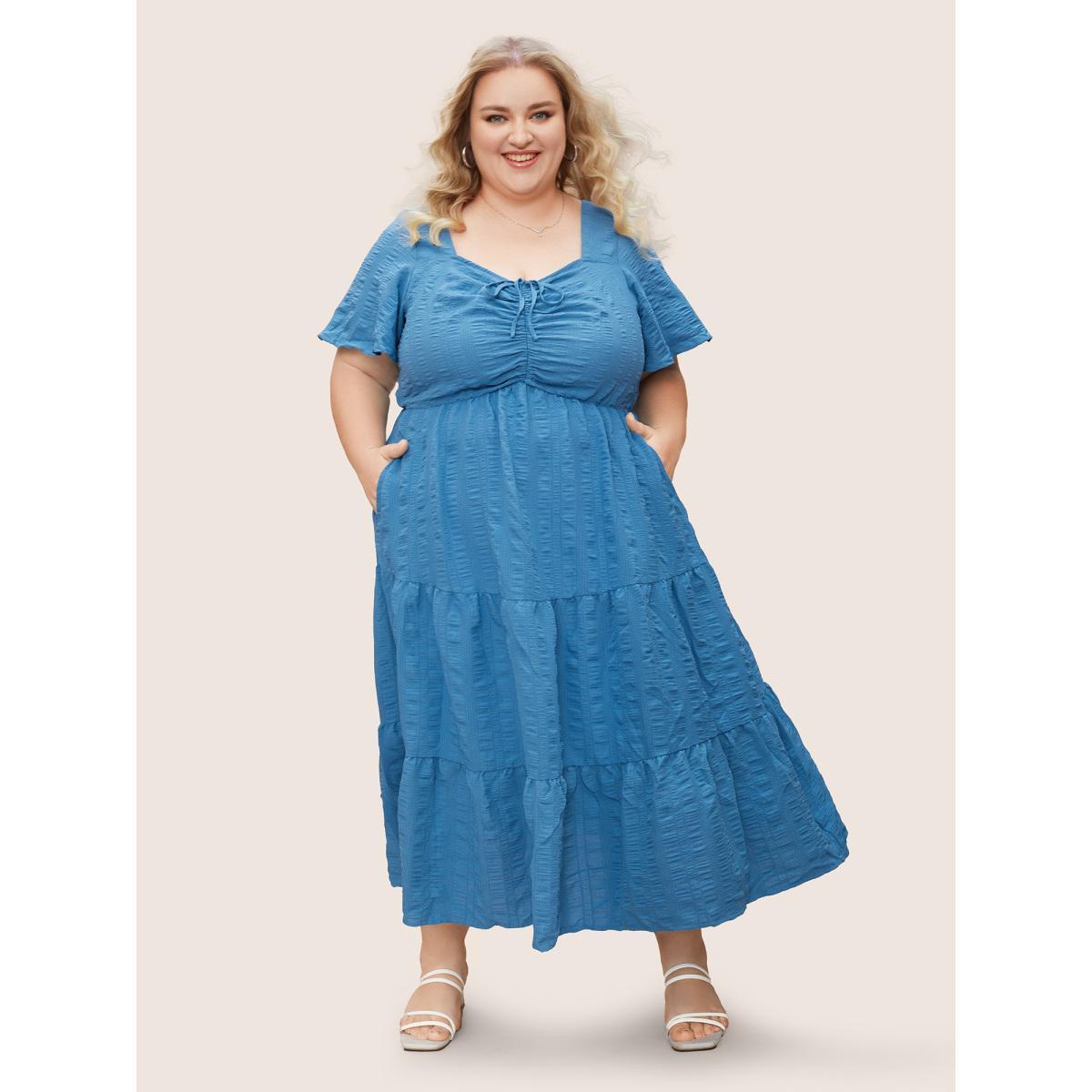 Plus Size Plain Ruched Drawstring Pocket Ruffle Tiered Dress Cerulean Women Elegant Non V-neck Short sleeve Curvy Midi Dress BloomChic 22-24/3X Product Image