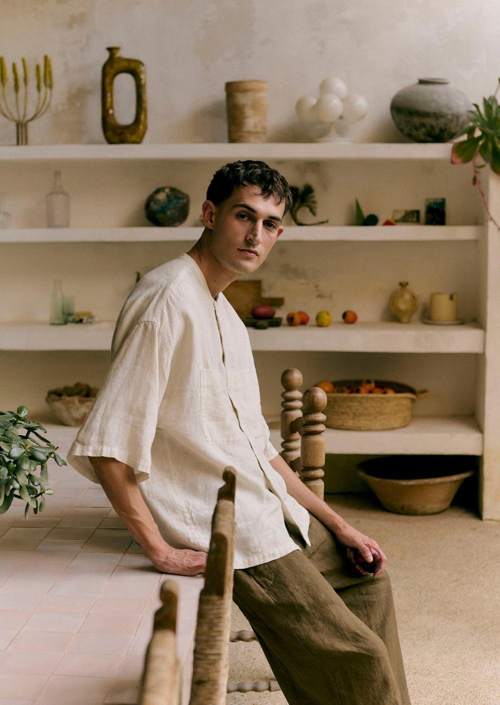 Garment Dyed Linen Grandad Collar Shirt | Oat Product Image