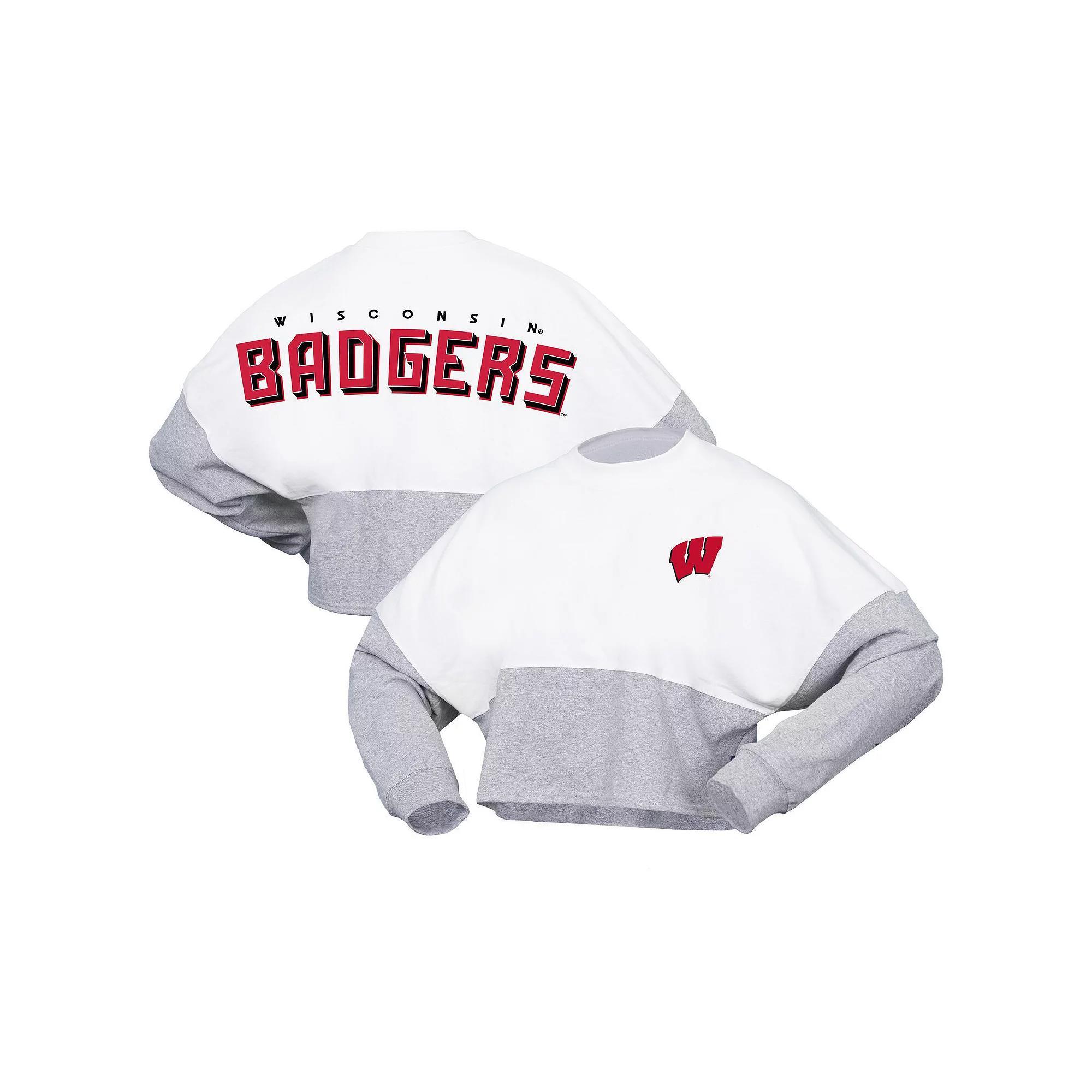 Women's Spirit Jersey  White Wisconsin Badgers Heather Block Cropped Long Sleeve Jersey T-Shirt, Size: XL Product Image