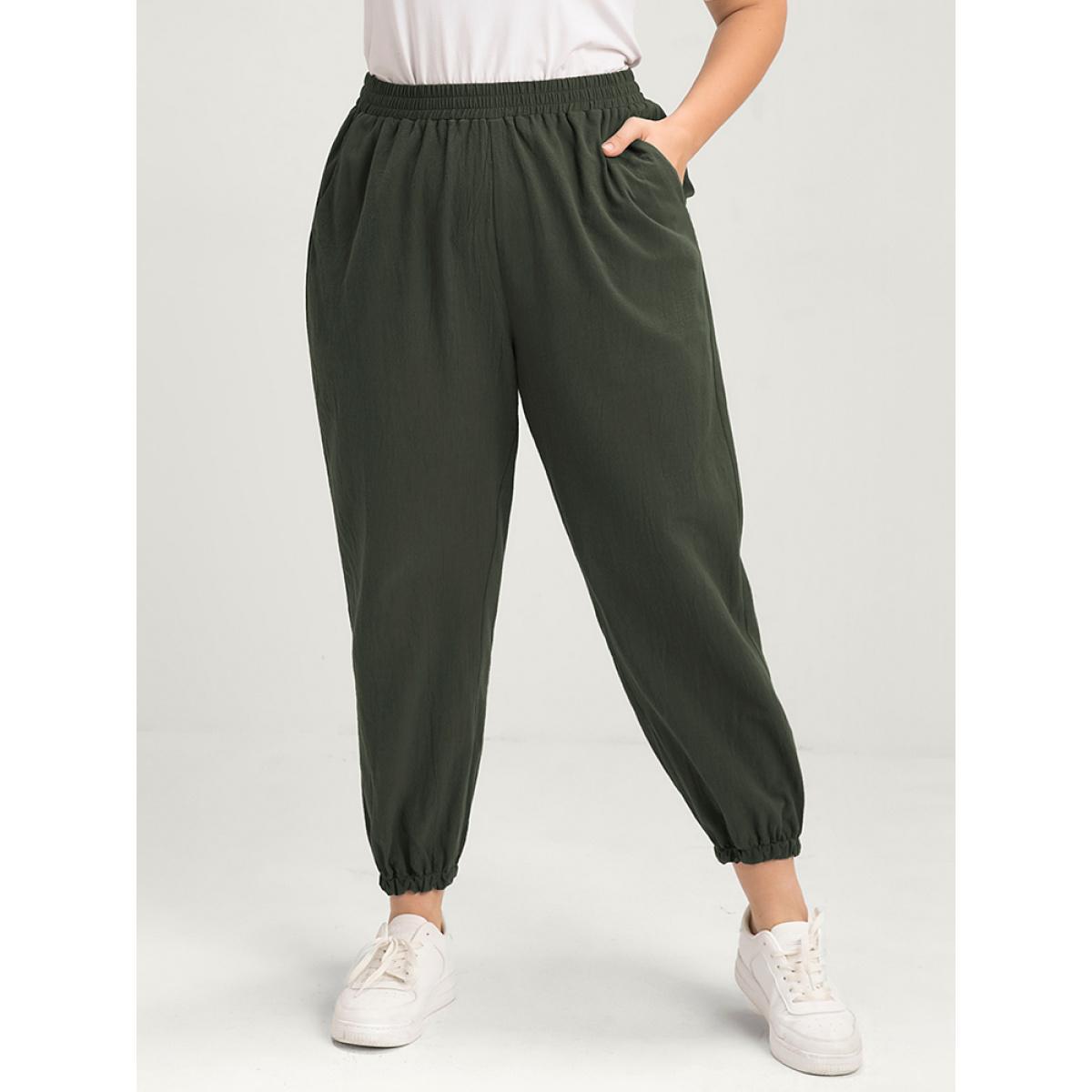 Plus Size Solid Elastic Waist Pocket Pants Women ArmyGreen Casual High Rise Dailywear Pants BloomChic 14-16/1X Product Image
