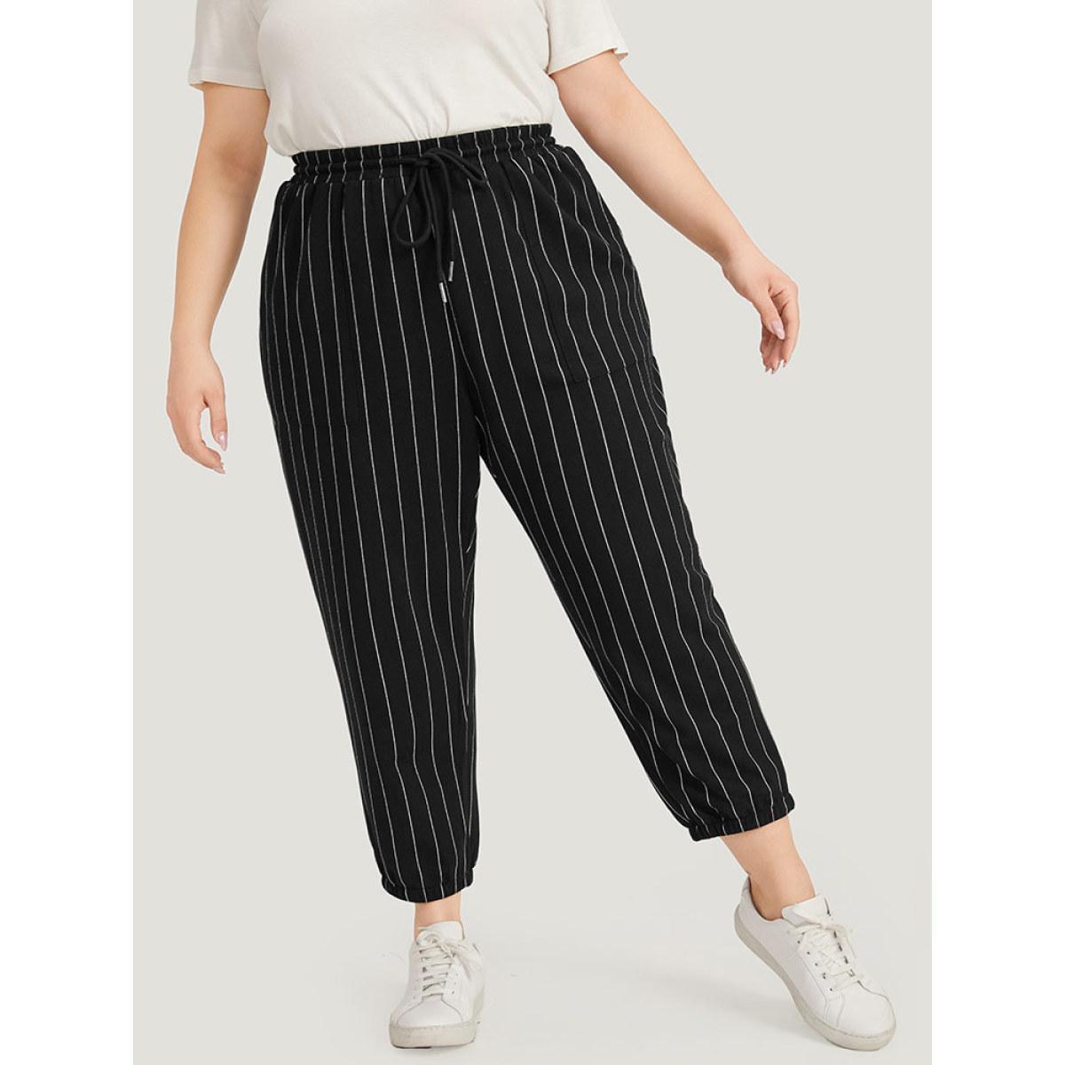 Plus Size Striped Elastic Waist Pocket Drawstring Sweatpants Women Black Casual High Rise Dailywear Pants BloomChic 28/5X Product Image