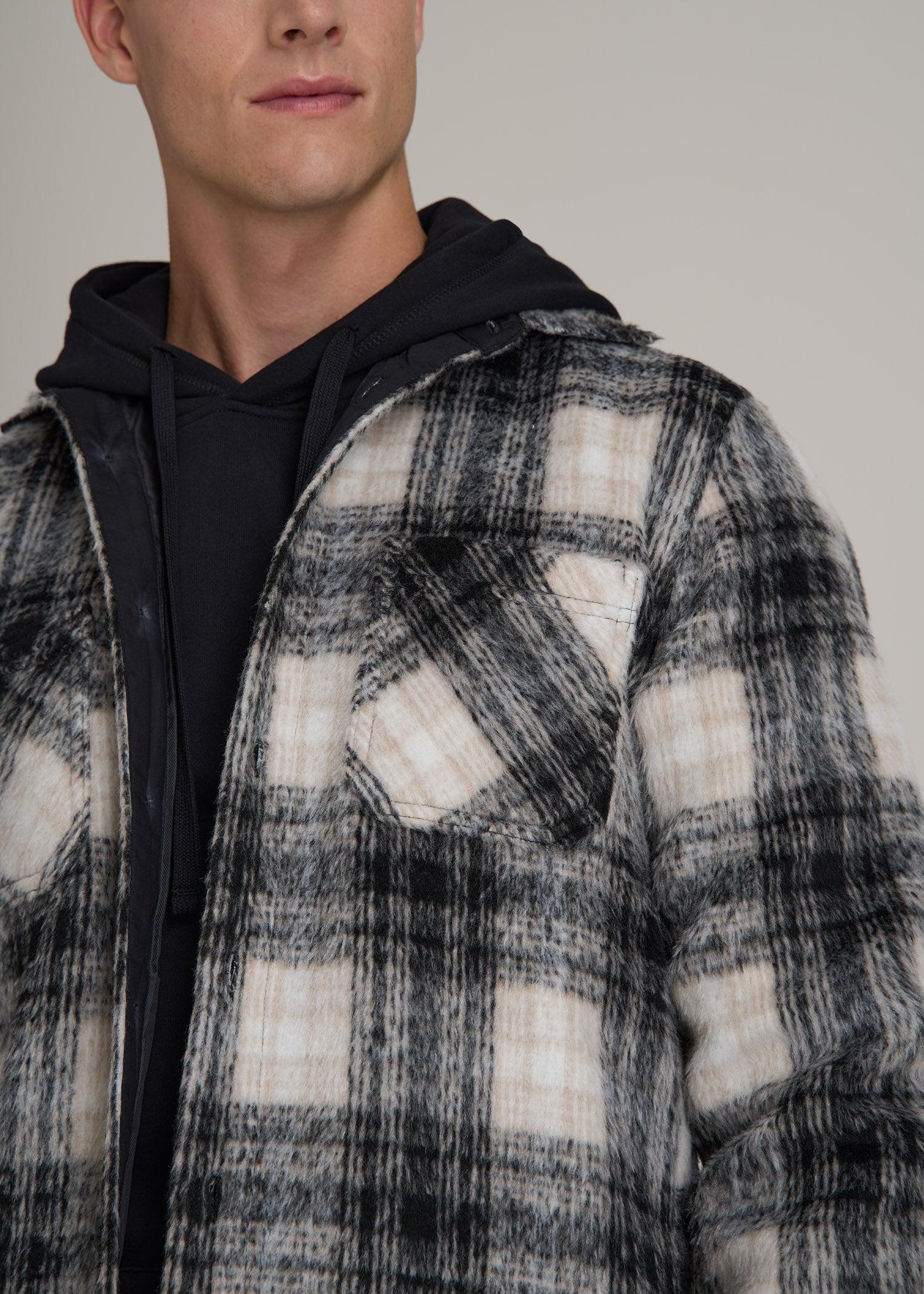 Brushed Flannel Overshirt for Tall Men in Ecru and Black Plaid Product Image