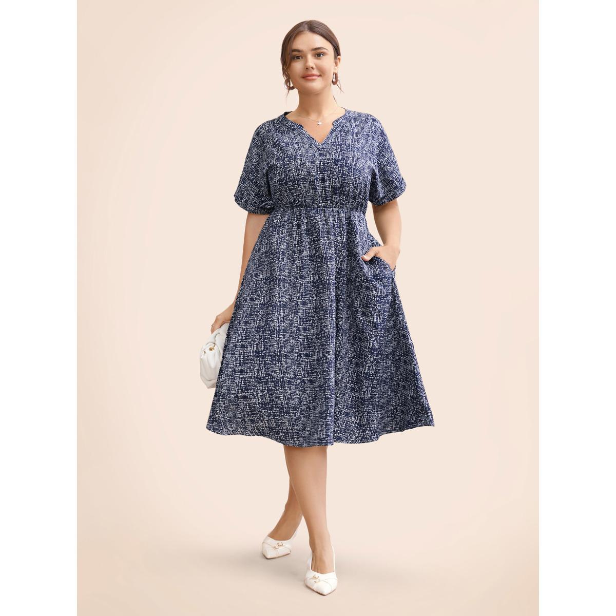 Plus Size Allover Print Batwing Sleeve Notched Blouse DarkBlue Women At the Office Non Notched collar Short sleeve Curvy BloomChic 10/M Product Image