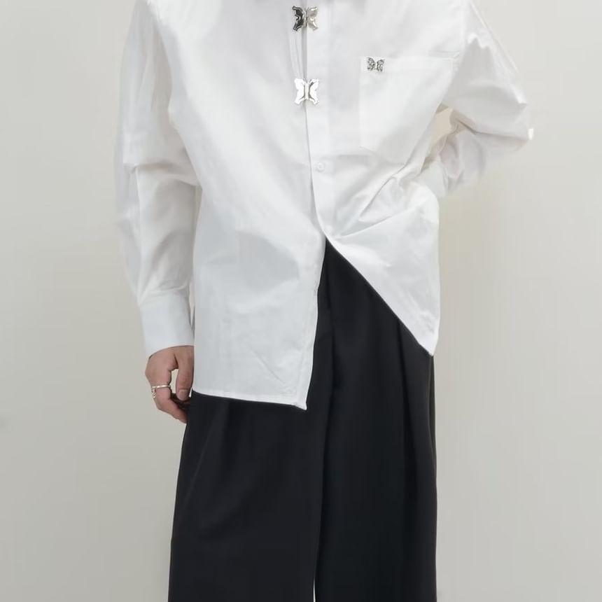 Long-Sleeve Plain Butterfly Accent Pocket Detail Shirt Product Image