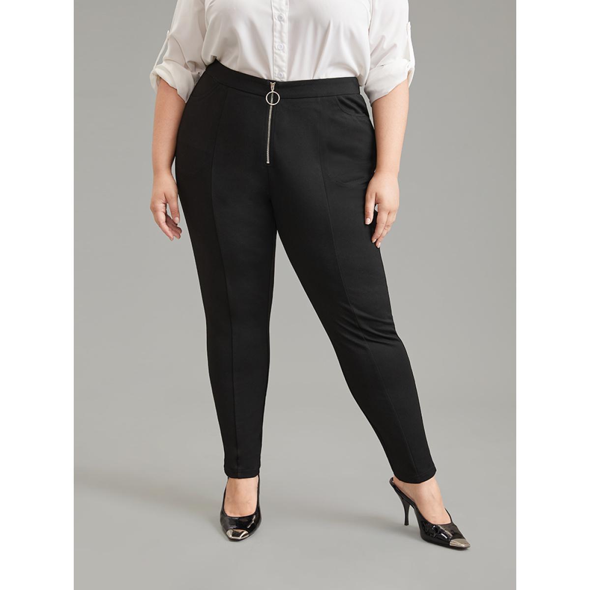 Plus Size O Ring Zipper High Rise Bodycon Pants Women Black Office Bodycon High Rise Work Pants BloomChic 22-24/3X Product Image