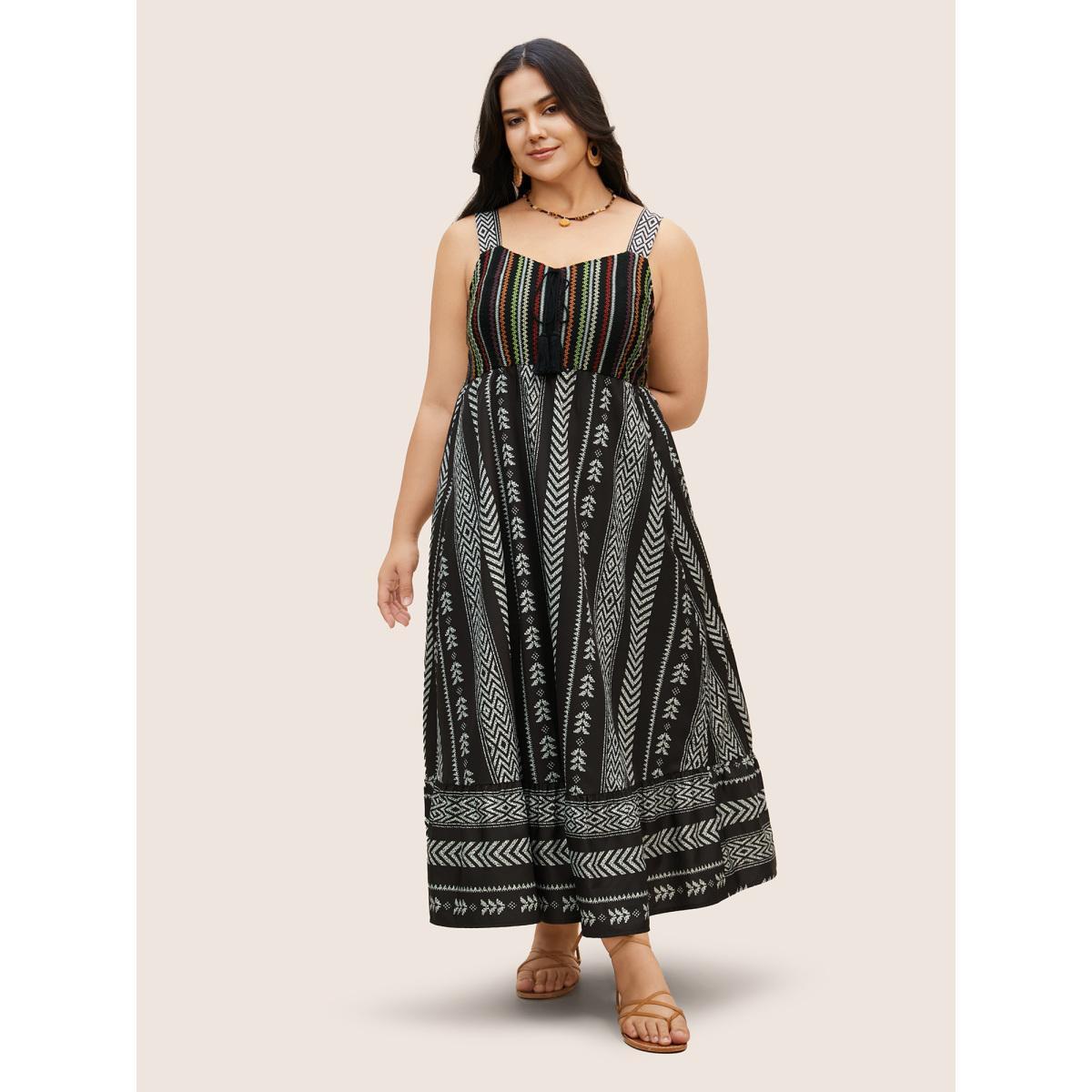 Plus Size Crocheted Bandana Striped Tassel Trim Dress Black Women Resort Non Sleeveless Curvy BloomChic 26/4X Product Image