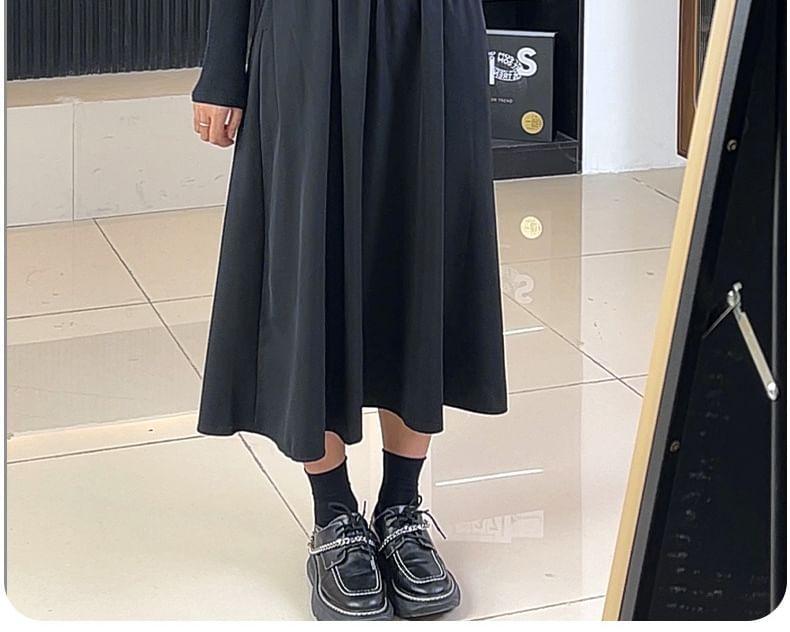 Long-Sleeve Mock Neck Cutout Plain Knit Midi A-Line Dress Product Image