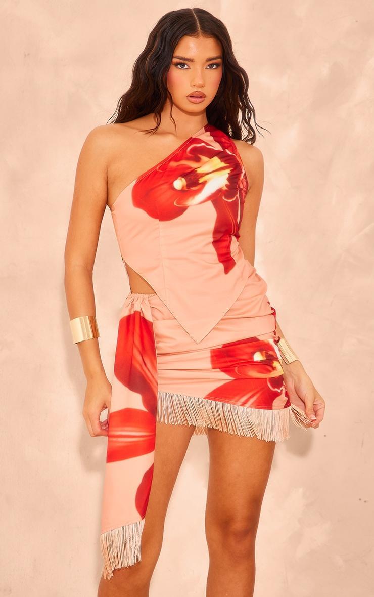 Stone Floral Print Halter Neck Fringe Mini Dress Product Image