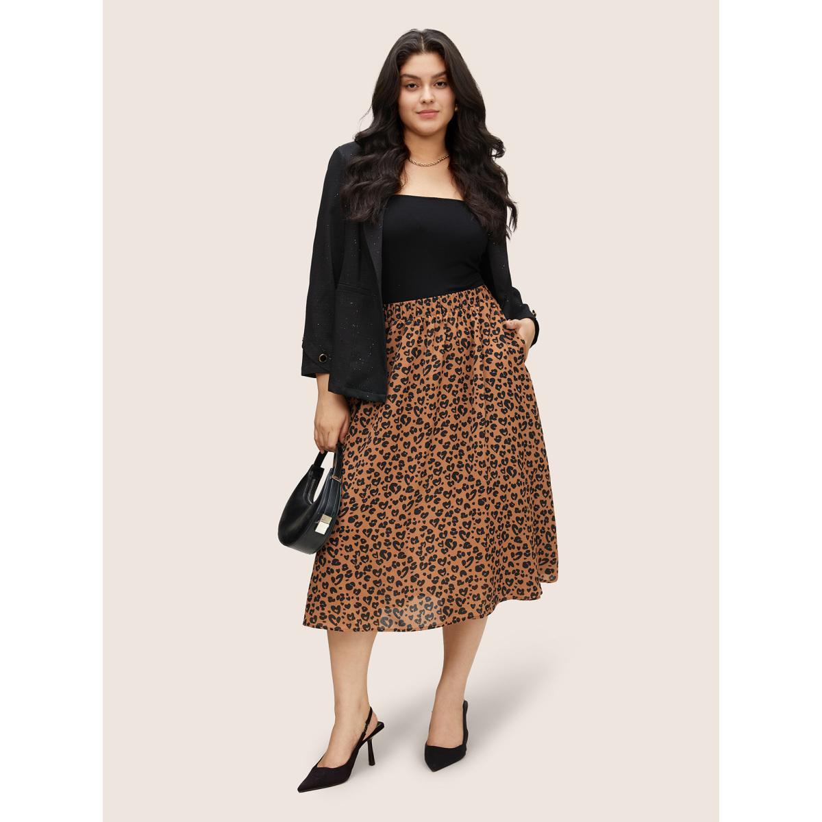 Plus Size Leopard Pocket Elastic Waist Cropped Skirt Women Chocolate At the Office Non No stretch Slanted pocket Work Skirts BloomChic 12/L Product Image