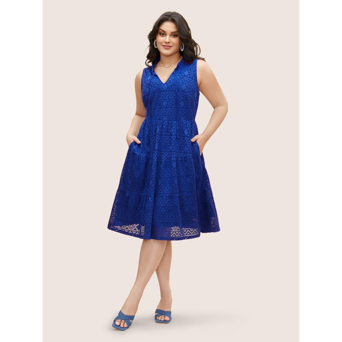 Plus Size Geometric Cut Out Tie Knot Sleeveless Dress Brightblue Women Elegant Tie knot Notched collar Sleeveless Curvy BloomChic 10/M Product Image