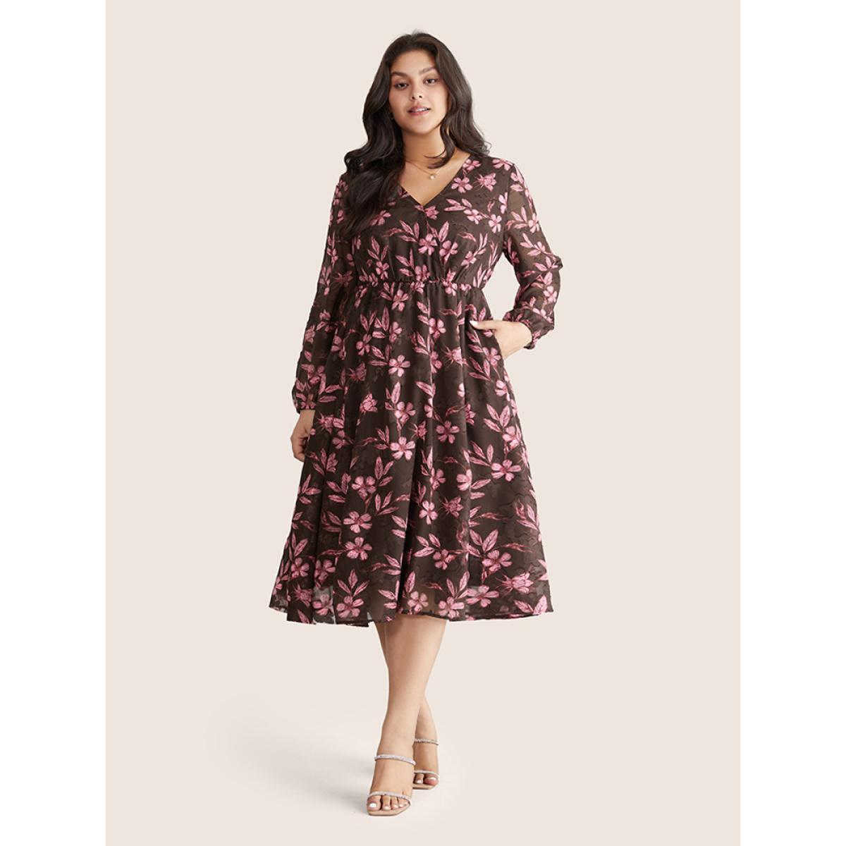 Plus Size Floral Mesh Patchwork Lantern Sleeve Wrap Dress DarkBrown Women Elegant Elastic cuffs Overlap Collar Long Sleeve Curvy Midi Dress BloomChic 14-16/1X Product Image