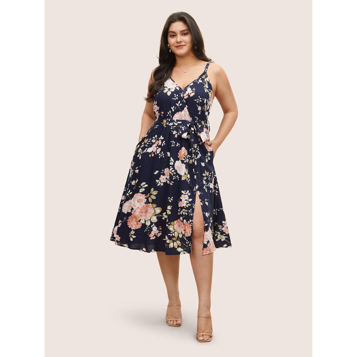 Plus Size Floral Wrap Elastic Waist Belted Sleeveless Dress DarkBlue Women Elegant Non Spaghetti Strap Sleeveless Curvy Midi Dress BloomChic 30/6X Product Image