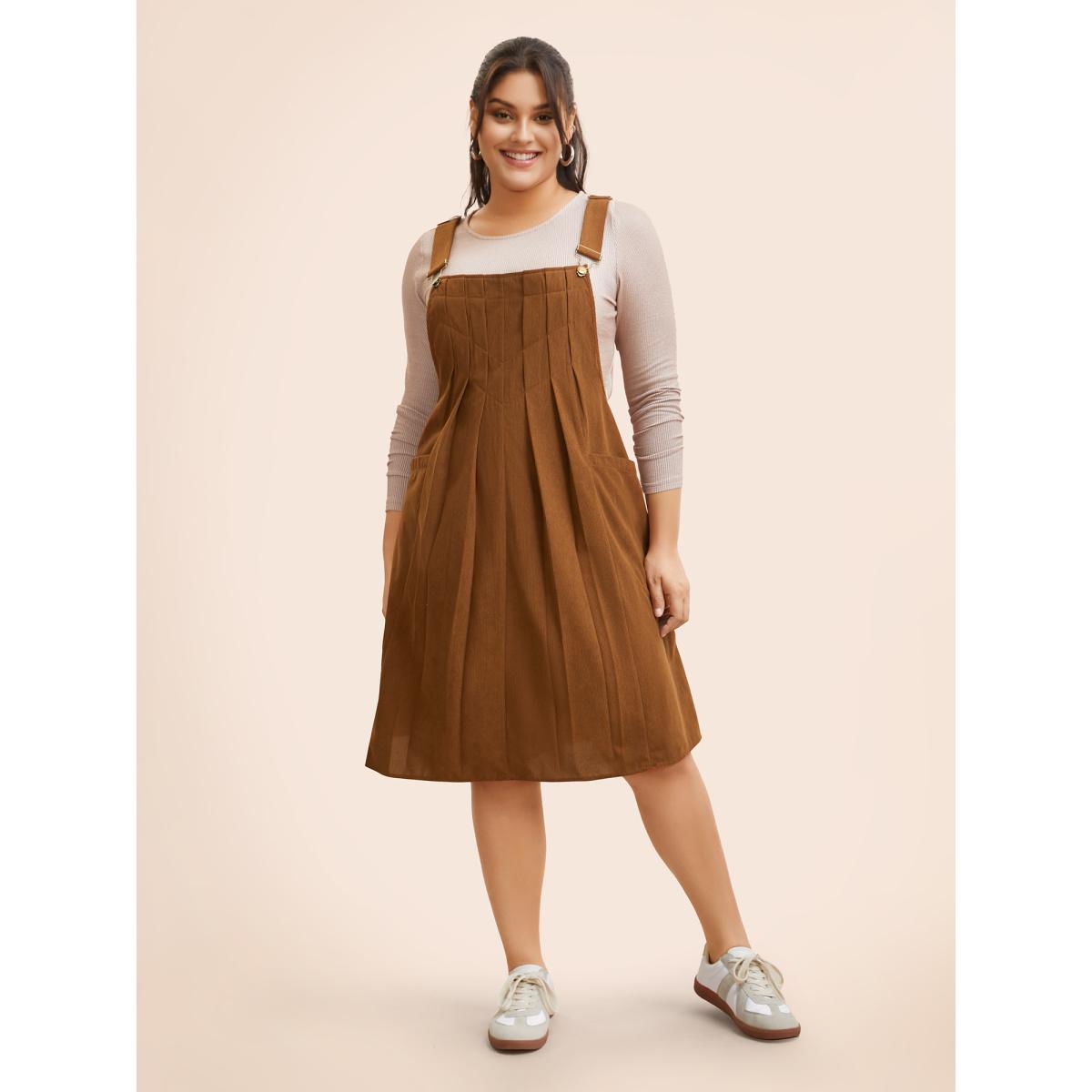 Plus Size Solid Corduroy Pleated Overall Dress Bronze Women Casual Texture Non Sleeveless Curvy BloomChic 26/4X Product Image