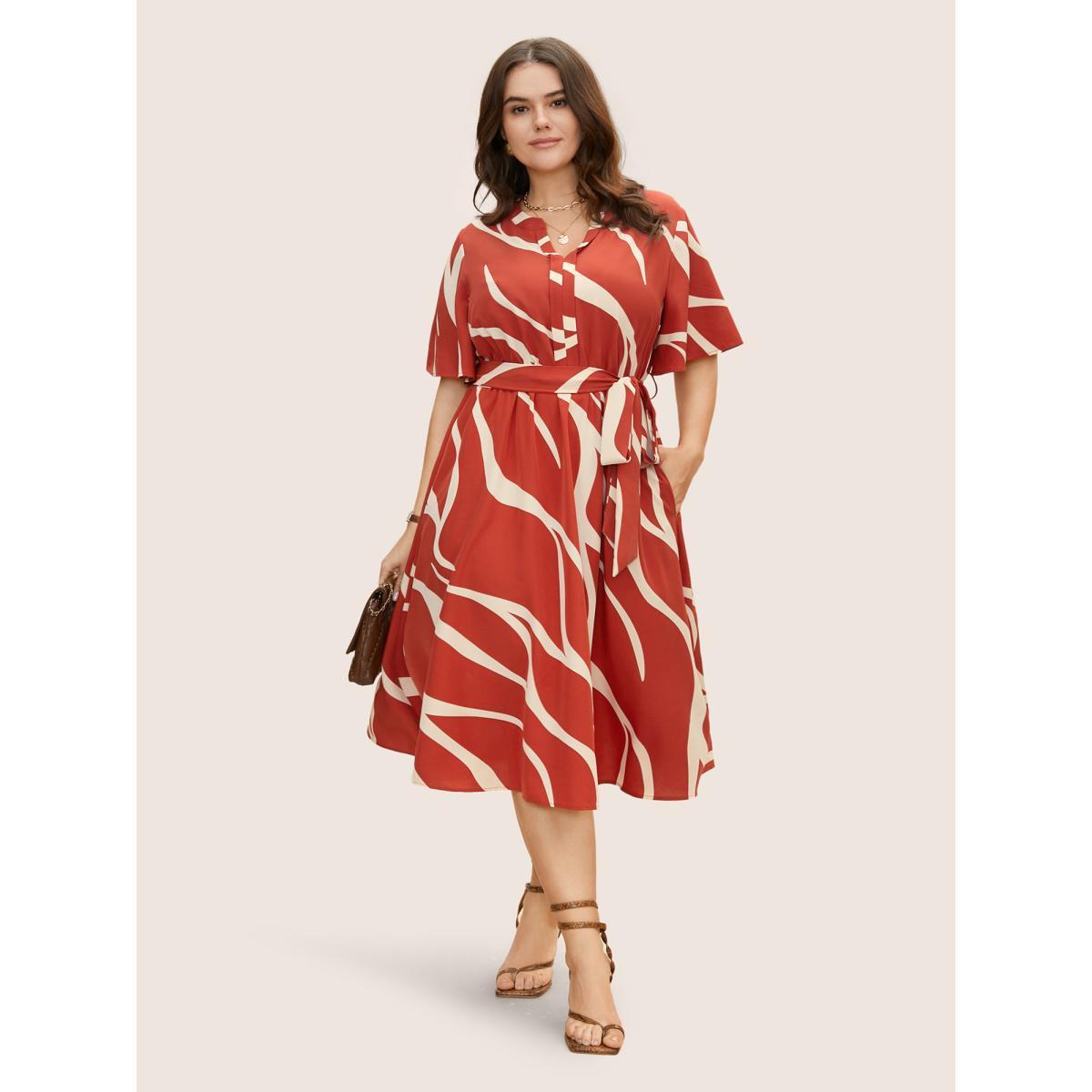 Plus Size Geometric Surplice Neck Tie Knot Midi Dress Rust Women At the Office Belted Flat collar with V-notch Short sleeve Curvy BloomChic 14-16/1X Product Image