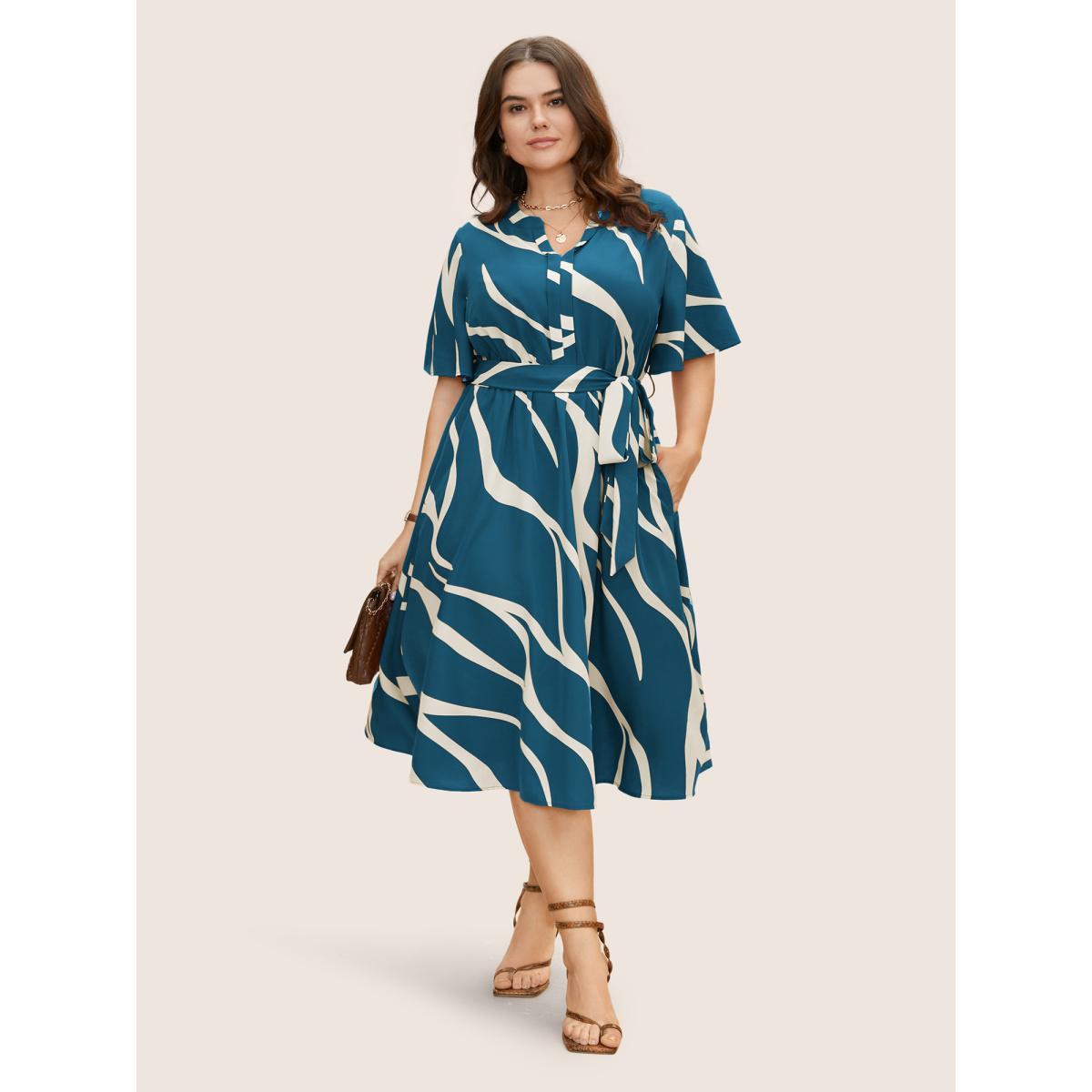 Plus Size Geometric Surplice Neck Tie Knot Midi Dress Aegean Women At the Office Belted Flat collar with V-notch Short sleeve Curvy BloomChic 30/6X Product Image