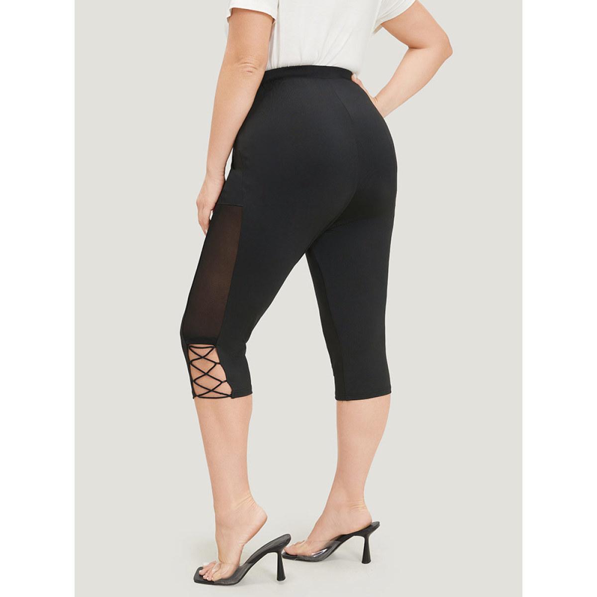 Plus Size Plain Crisscross Mesh Patchwork Cropped Leggings Women Black Elegant High stretch Skinny High Rise Dailywear Leggings BloomChic 18-20/2X Product Image