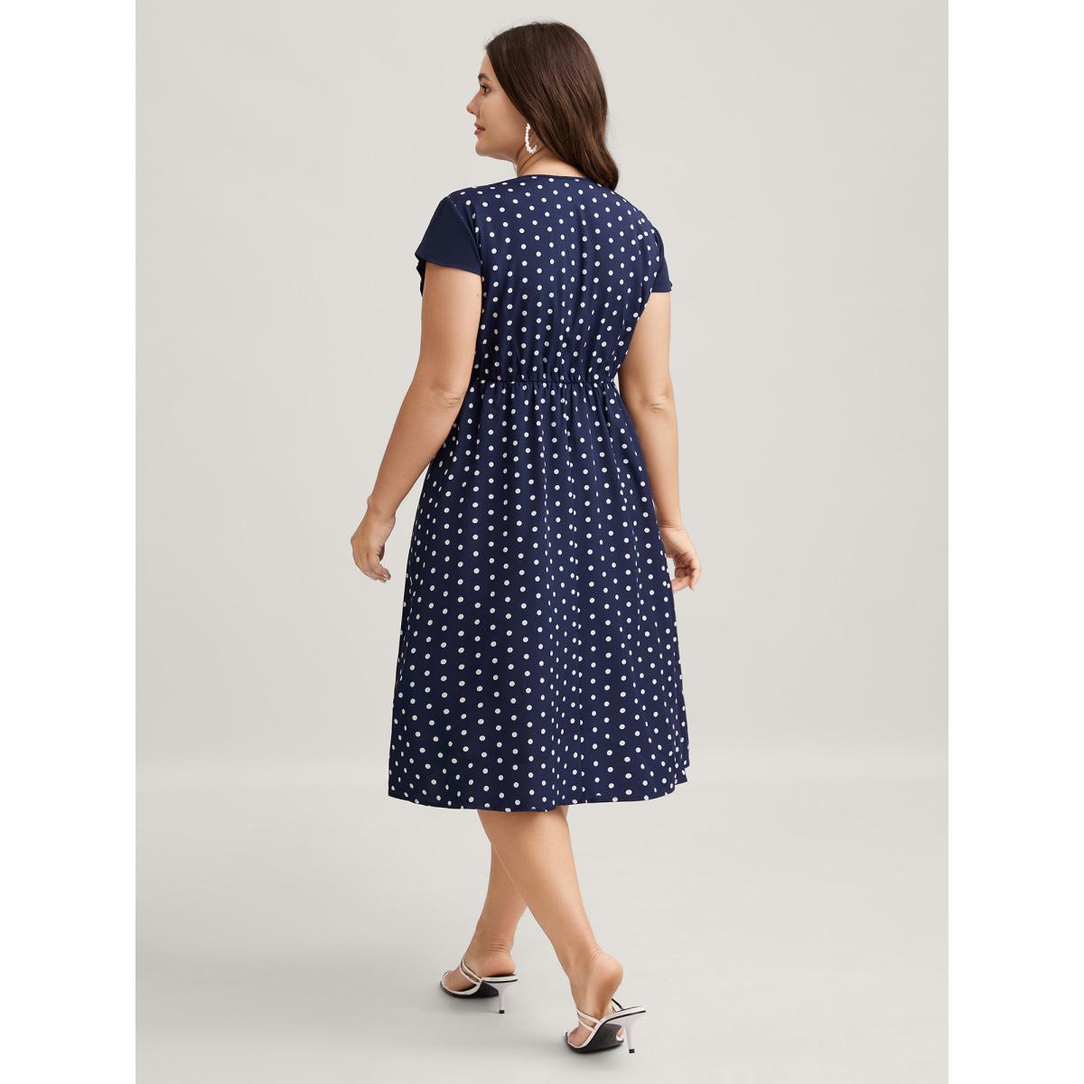 Plus Size Polka Dots Stretchy Waist Pockets Midi Dress Navy Women Heart neckline Cap Sleeve Curvy BloomChic 18-20/2X Product Image