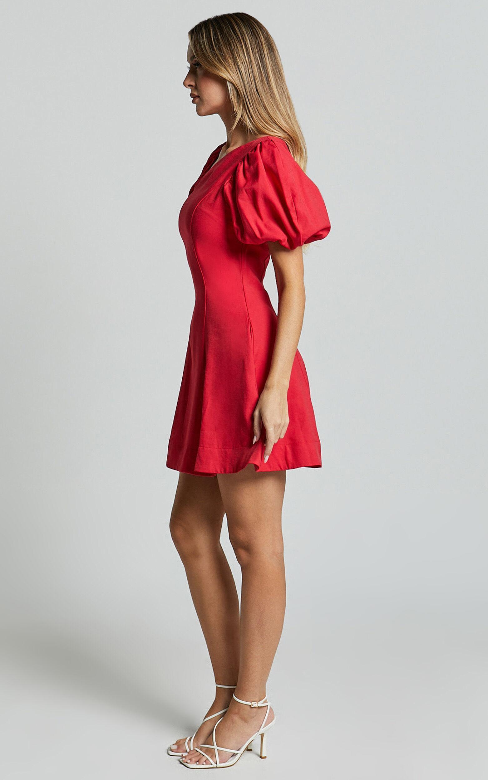 Harlow Mini Dress - Asymmetric Puff Sleeve Flare Dress in Red Product Image