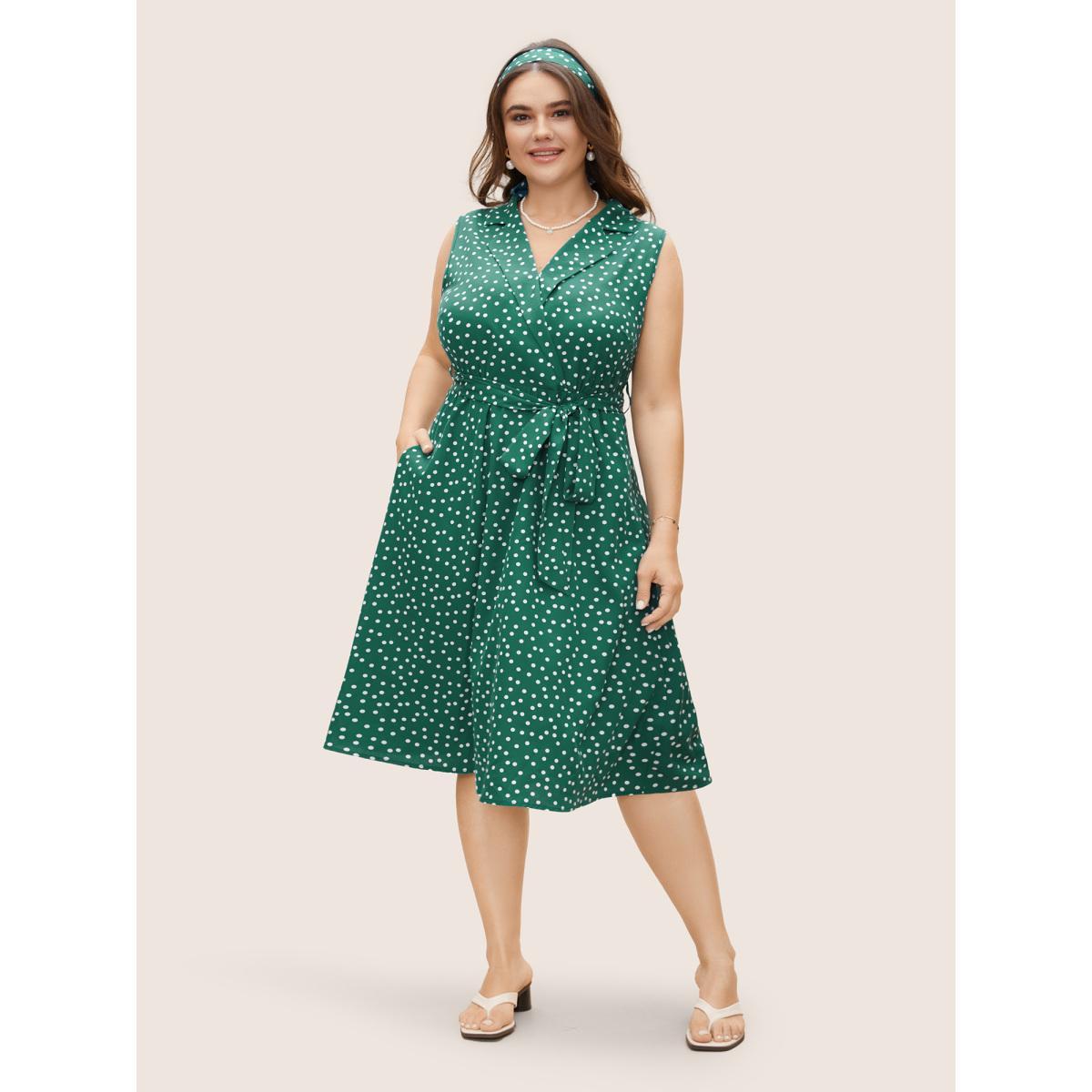 Plus Size Collared Polka Dot Dress Teal Women Elegant Belted Suit Collar Sleeveless Curvy BloomChic 26/4X Product Image
