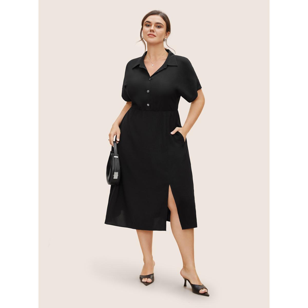 Plus Size Shirt Collar Button Detail Split Front Dress Black Women Workwear Essentials Button Shirt collar Short sleeve Curvy BloomChic 10/M Product Image