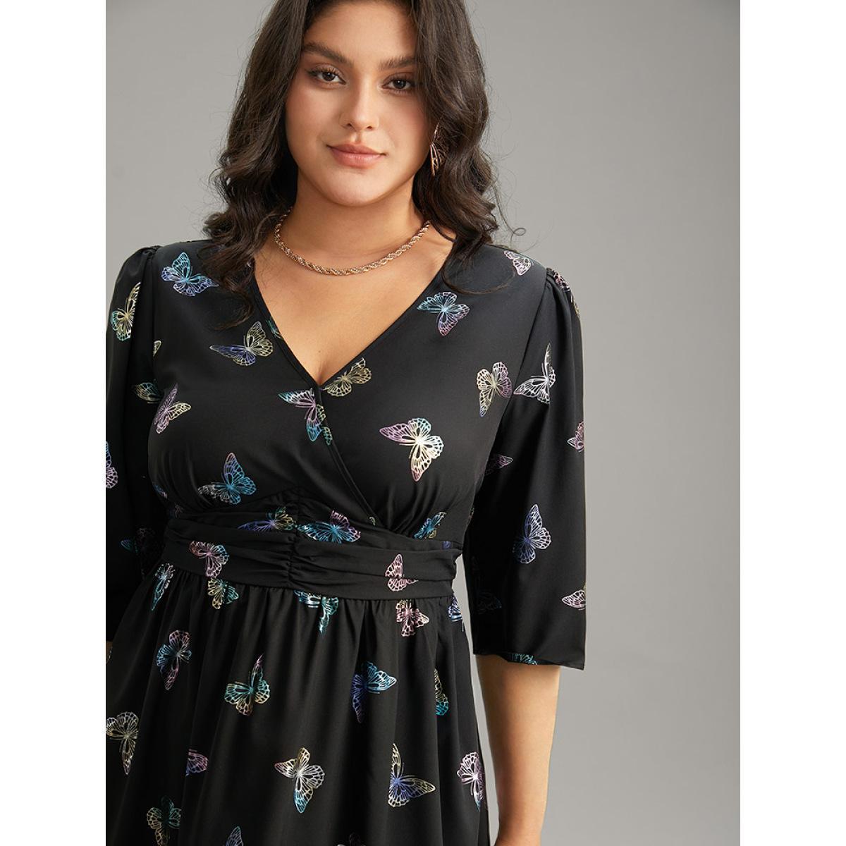 Plus Size Butterfly Glitter V Neck Ruched Dress Black Women Party Wrap Overlap Collar Half Sleeve Curvy Midi Dress BloomChic 12/L Product Image
