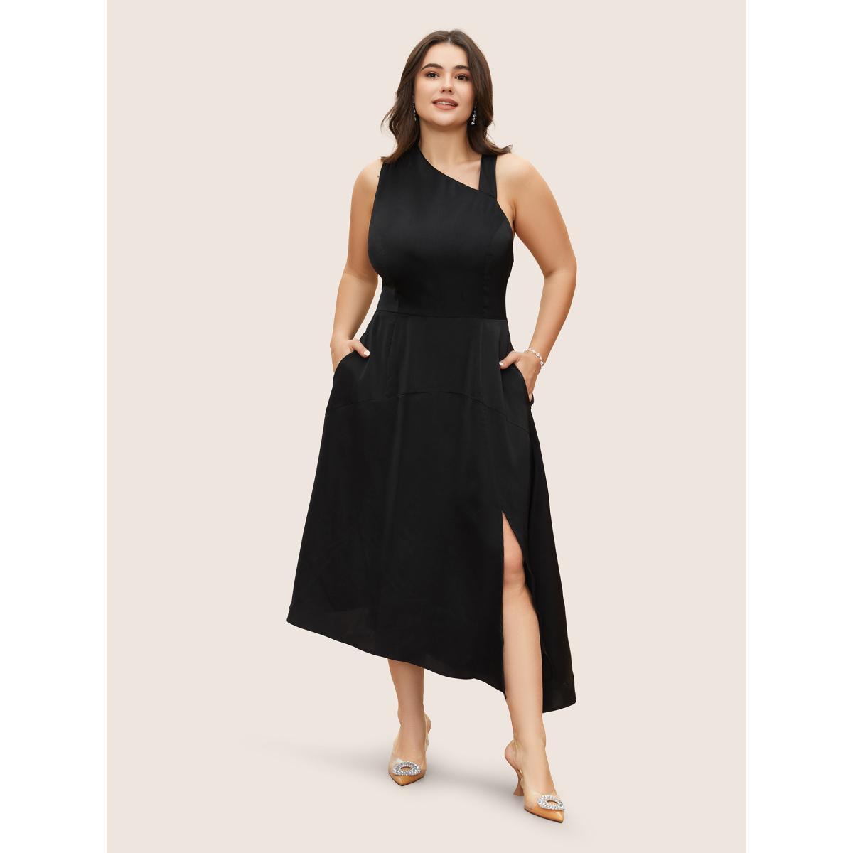 Plus Size Solid Asymmetrical Neck Split Hem Dress Black Women Formal Asymmetrical Neck Sleeveless Curvy Midi Dress BloomChic 14-16/1X Product Image