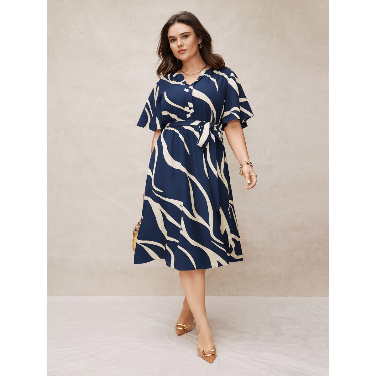 Plus Size Geometric Surplice Neck Tie Knot Midi Dress Navy Women At the Office Belted Flat collar with V-notch Short sleeve Curvy BloomChic 18-20/2X Product Image
