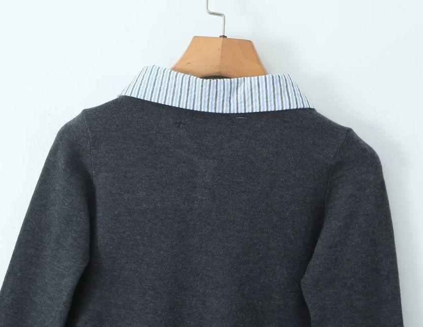 Long Sleeve Collared Striped Mock Two Piece Button Top Product Image
