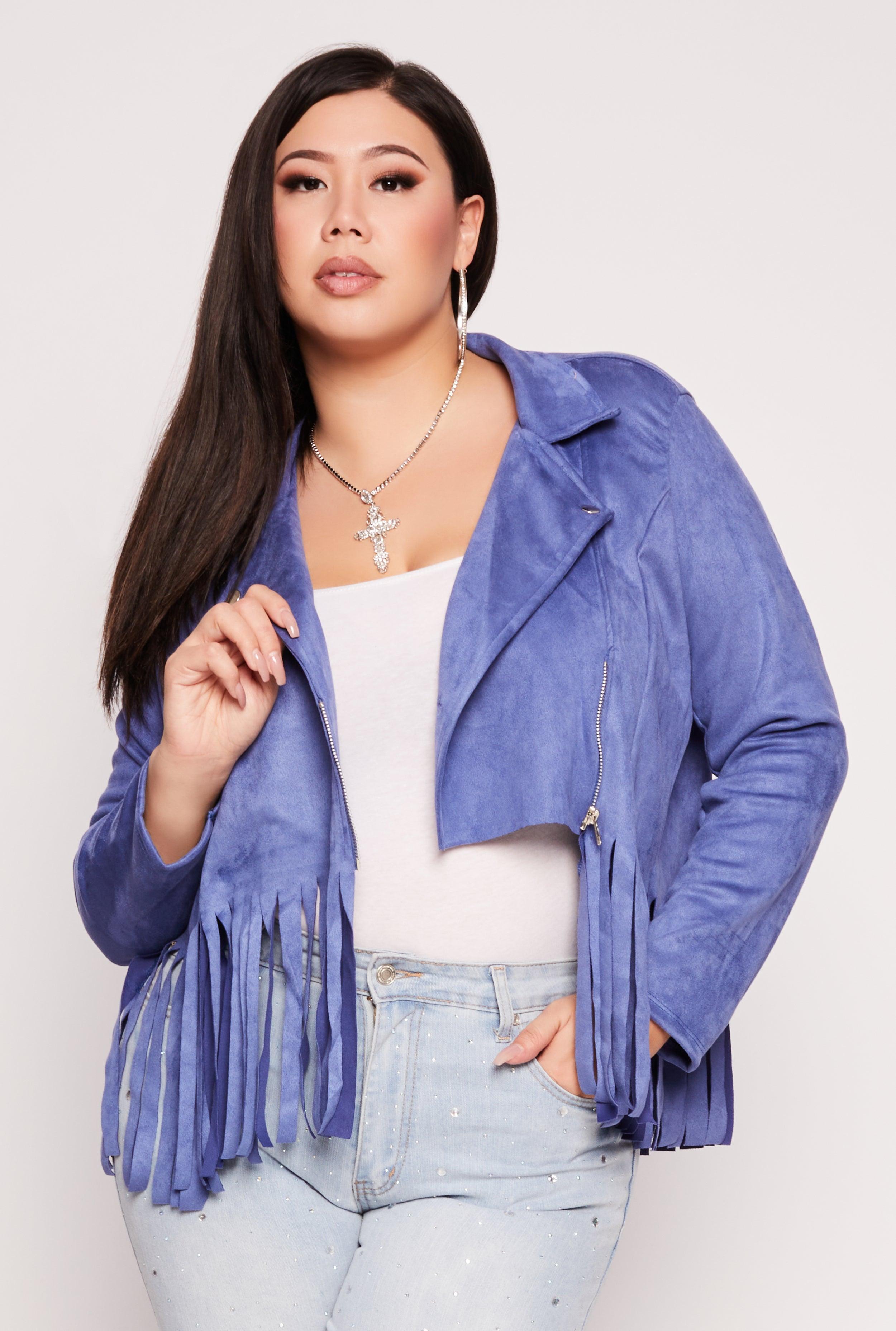 Womens Plus Size Faux Suede Fringe Hem Moto Jacket Product Image