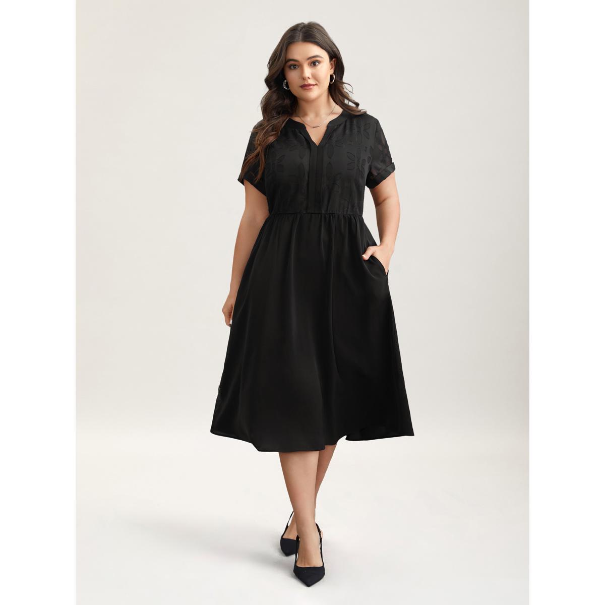 Plus Size Sheer Back Textured Cut-Out Midi Dress Black Women At the Office Texture Notched collar Short sleeve Curvy BloomChic 10/M Product Image