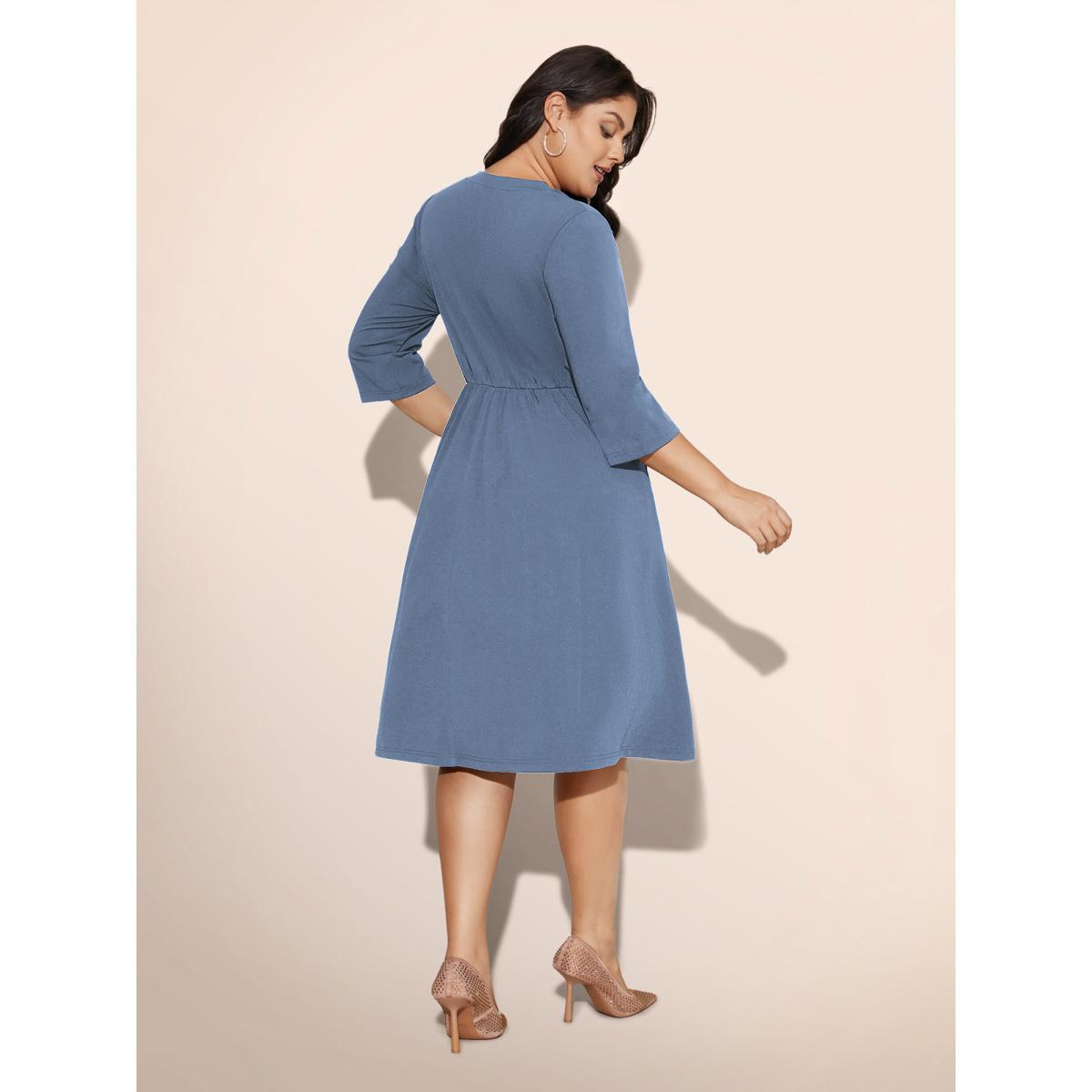Plus Size Heart Neckline Patchwork Sequin Button Detail Dress Skyblue Women Cocktail Texture Party Curvy Bloomchic 10/M Product Image