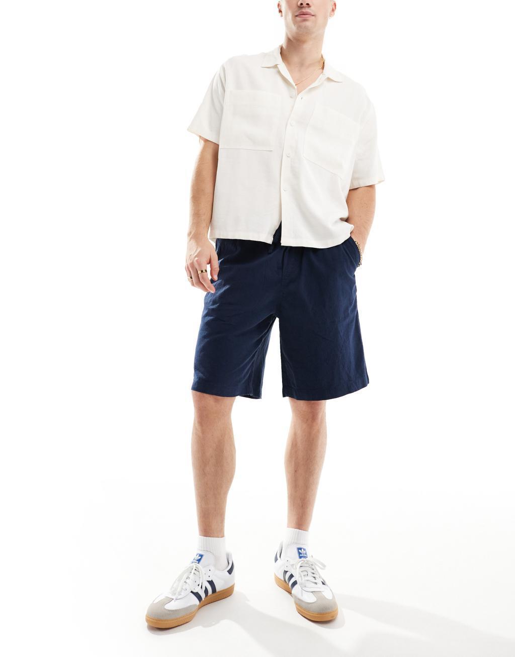 Jack & Jones loose fit linen shorts in navy Product Image