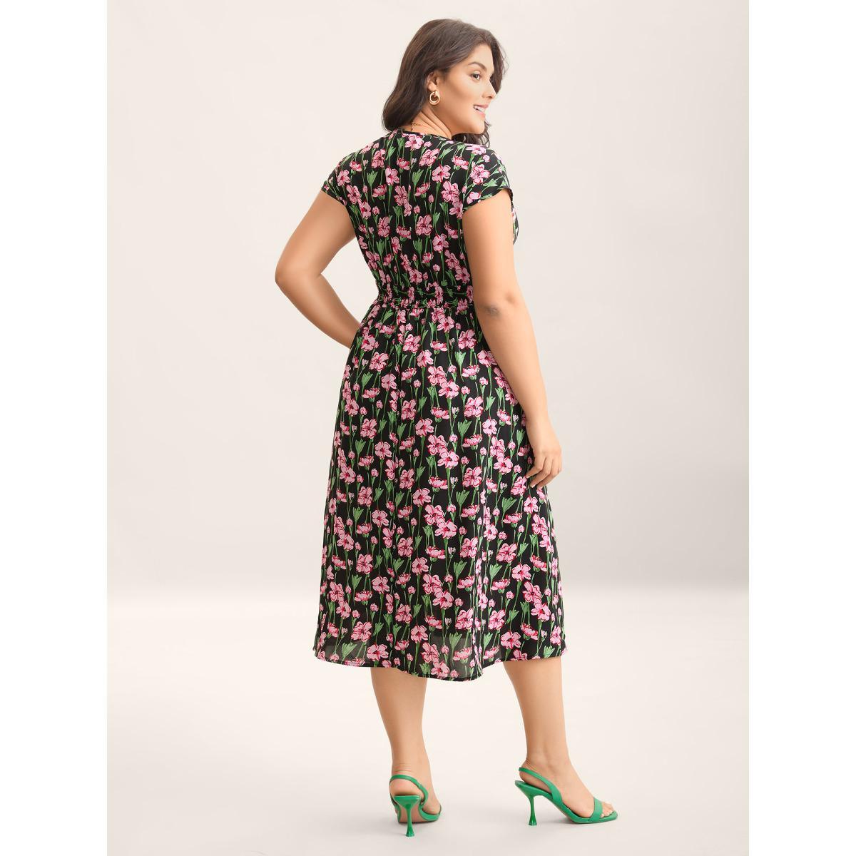 Plus Size Floral Print Shirred Pleated Midi Dress BlackFlower Women Overlap Collar Cap Sleeve Curvy BloomChic 10/M Product Image