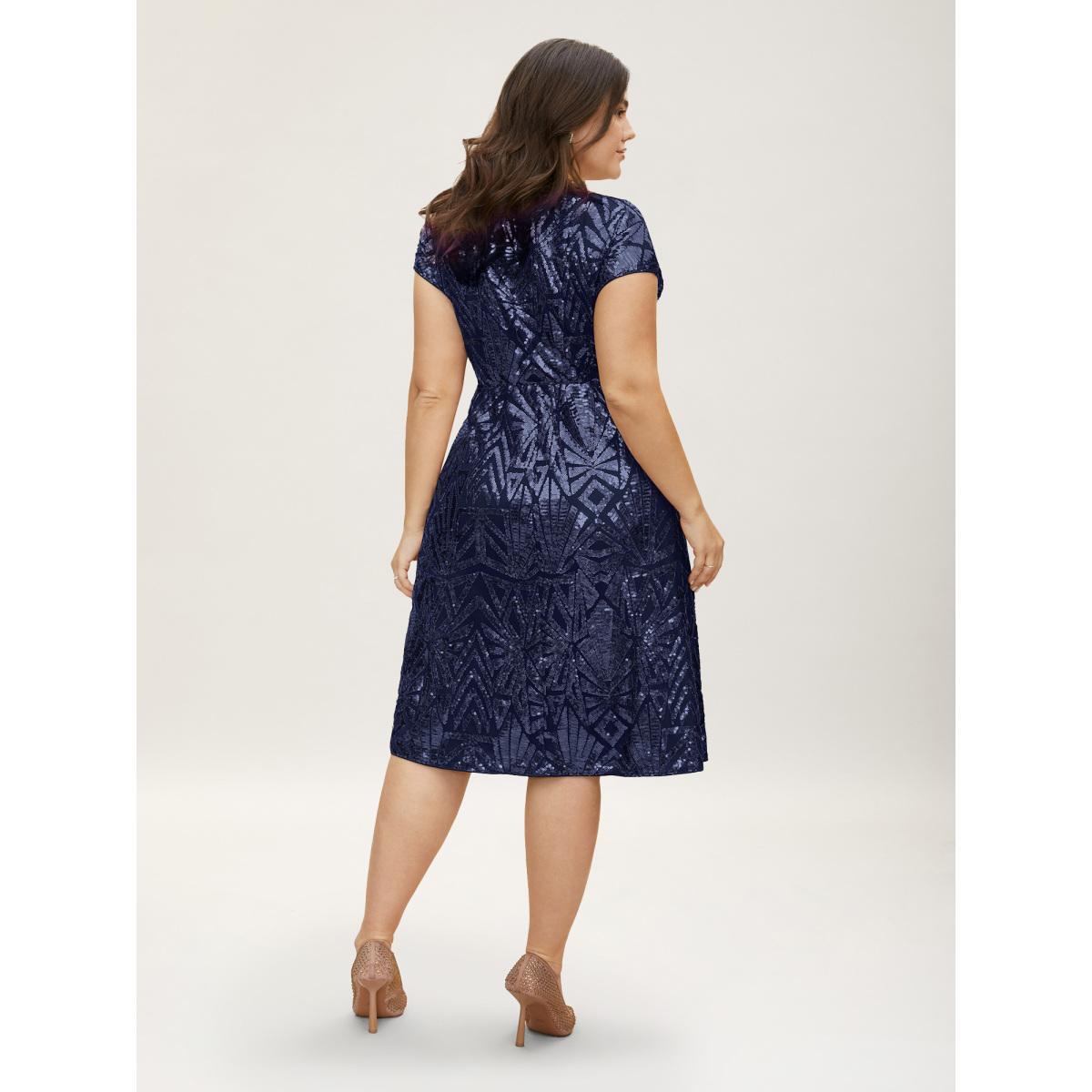 Plus Size Geometric Sequin Dolman Sleeve Midi Dress DarkBlue Women Cocktail Non V-neck Cap Sleeve Curvy BloomChic 30/6X Product Image