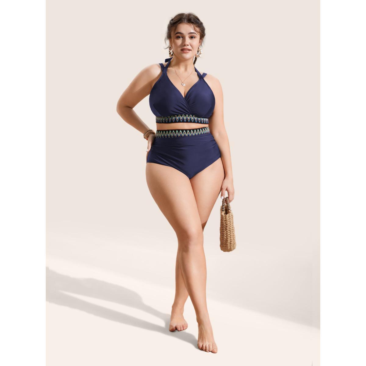 Plus Size Embroidered Wrap Tie Knot Swim Top Women's Swimwear Indigo Beach Woven ribbon&lace trim High stretch Skinny Overlap Collar Curve Swim Tops BloomChic 10/M Product Image