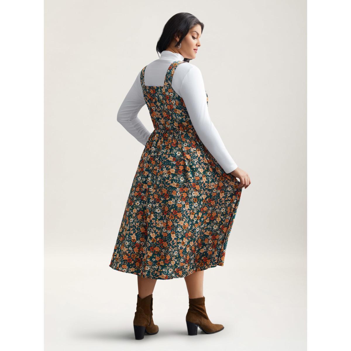 Plus Size Ditsy Floral Adjustable Straps Elastic Waist Dress Teal Women Casual Gathered Non Sleeveless Curvy BloomChic 12/L Product Image