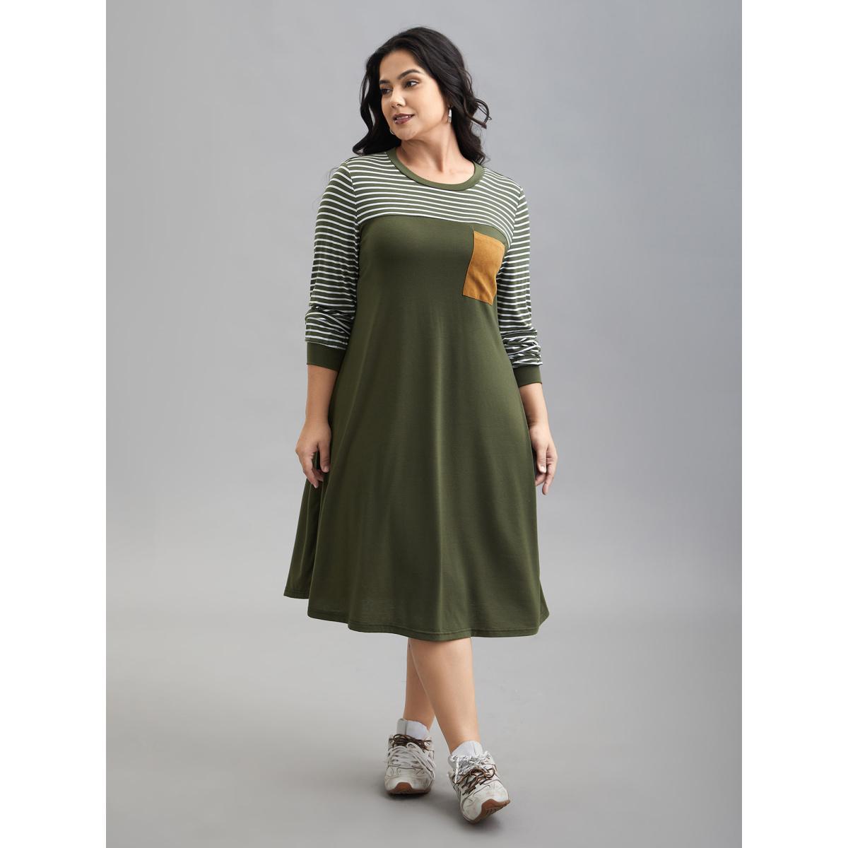 Plus Size Solid and Striped Flared Midi Dress ArmyGreen Women Casual Patchwork Knit Dresses Bloomchic 26/4X Product Image