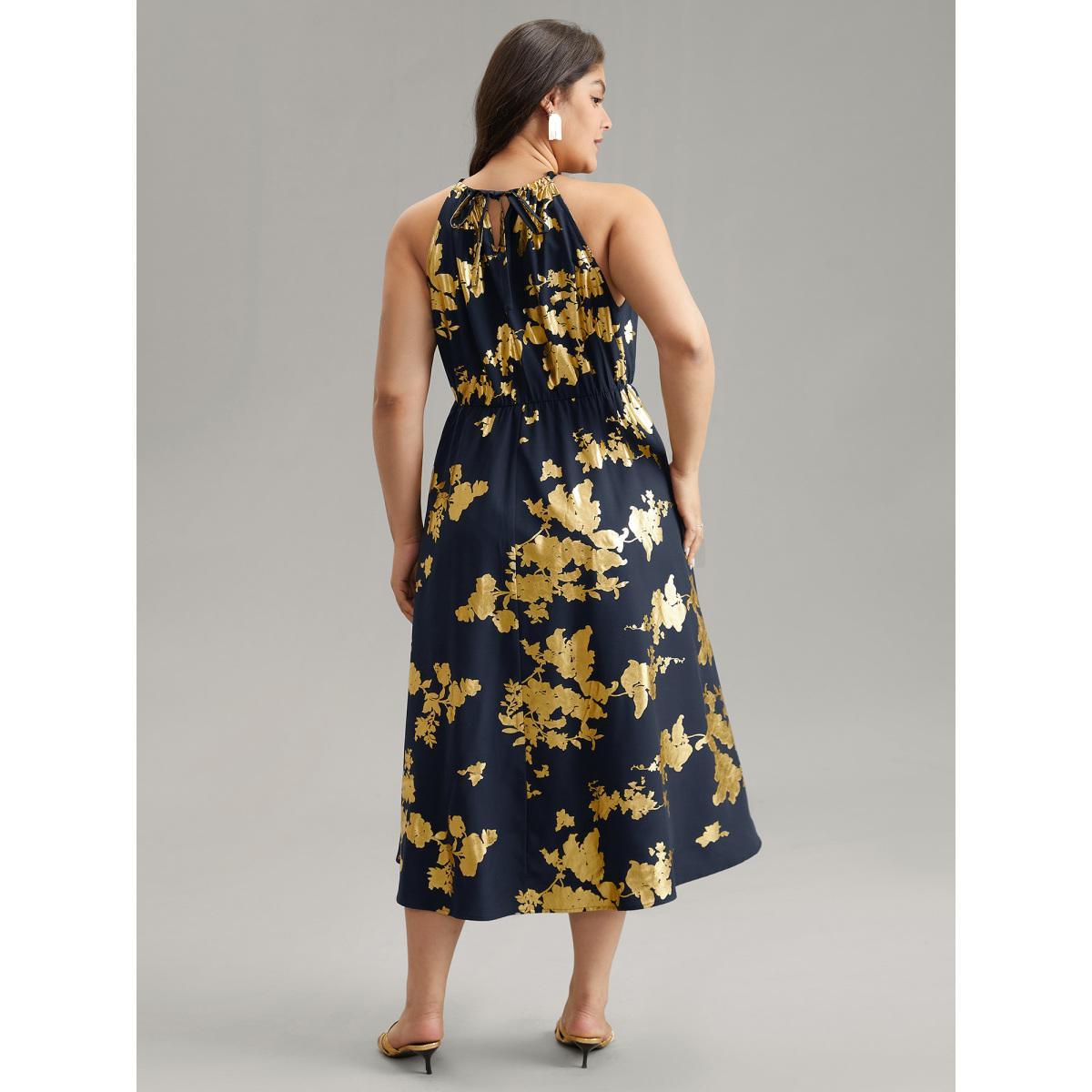 Plus Size Glitter Pocket Halter Keyhole Midi Dress DarkBlue Women Glamour Printed Round Neck Sleeveless Curvy Midi Dress BloomChic 12/L Product Image