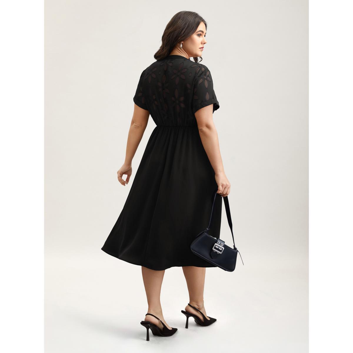 Plus Size Sheer Back Textured Cut-Out Midi Dress Black Women At the Office Texture Notched collar Short sleeve Curvy BloomChic 10/M Product Image
