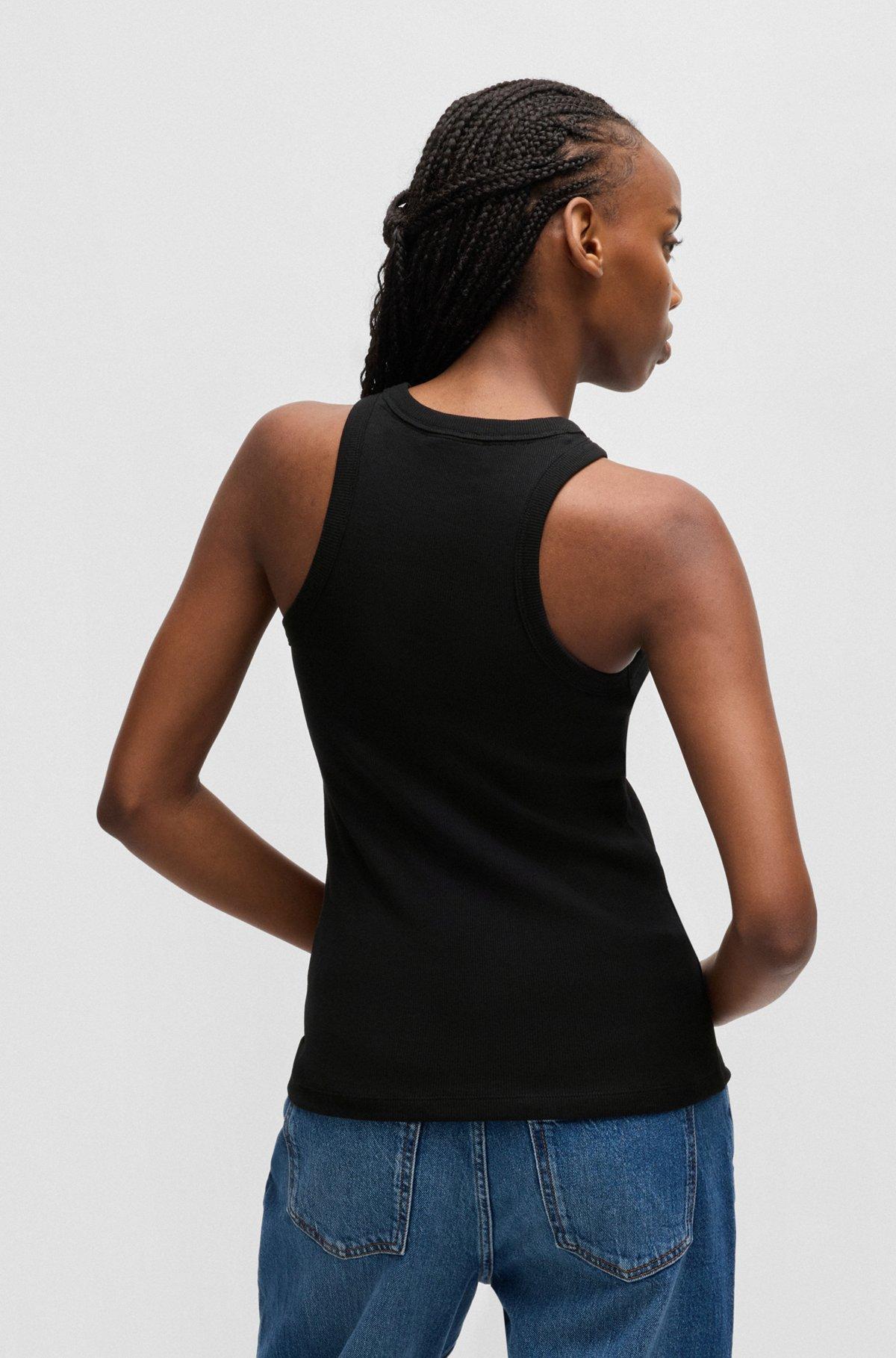 HUGO - Slim-fit stretch-cotton top with blue logo badge - Black Product Image