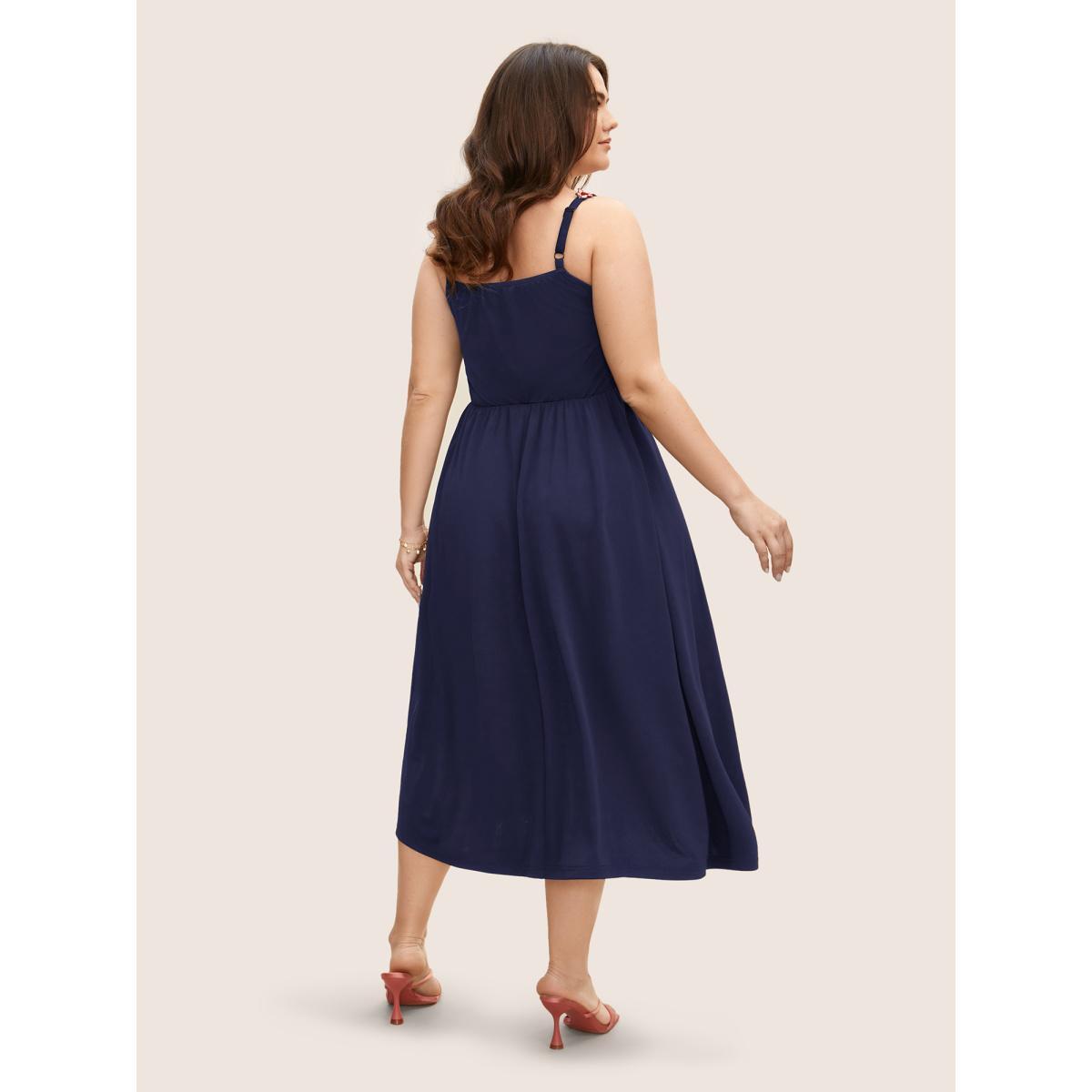 Plus Size Floral Embroidered Pocket Midi Cami Dress Navy Women Elegant Embroidered Heart neckline Sleeveless Curvy BloomChic 22-24/3X Product Image